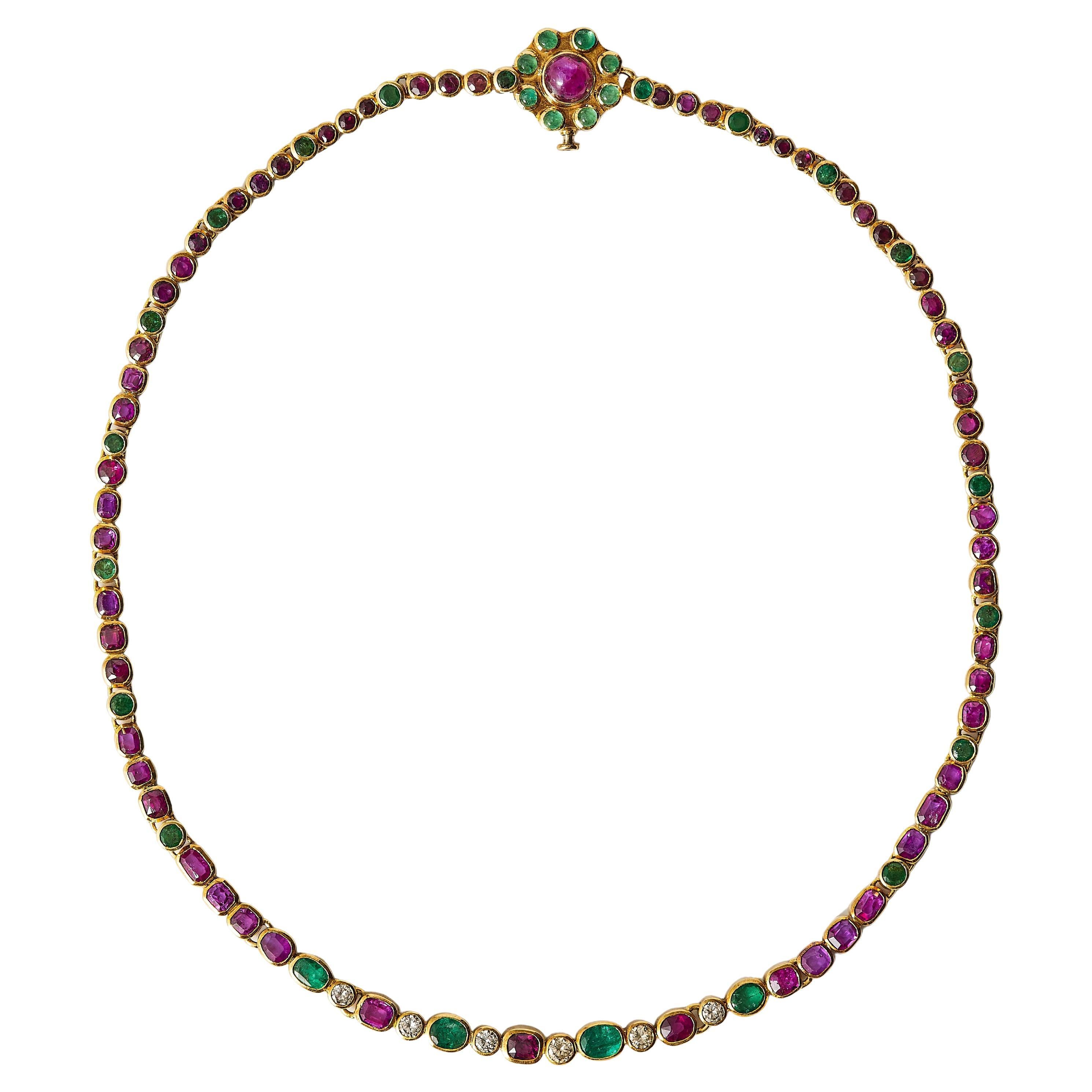 Grima Ruby, Emerald and Diamond Gold Necklace, 1980s.