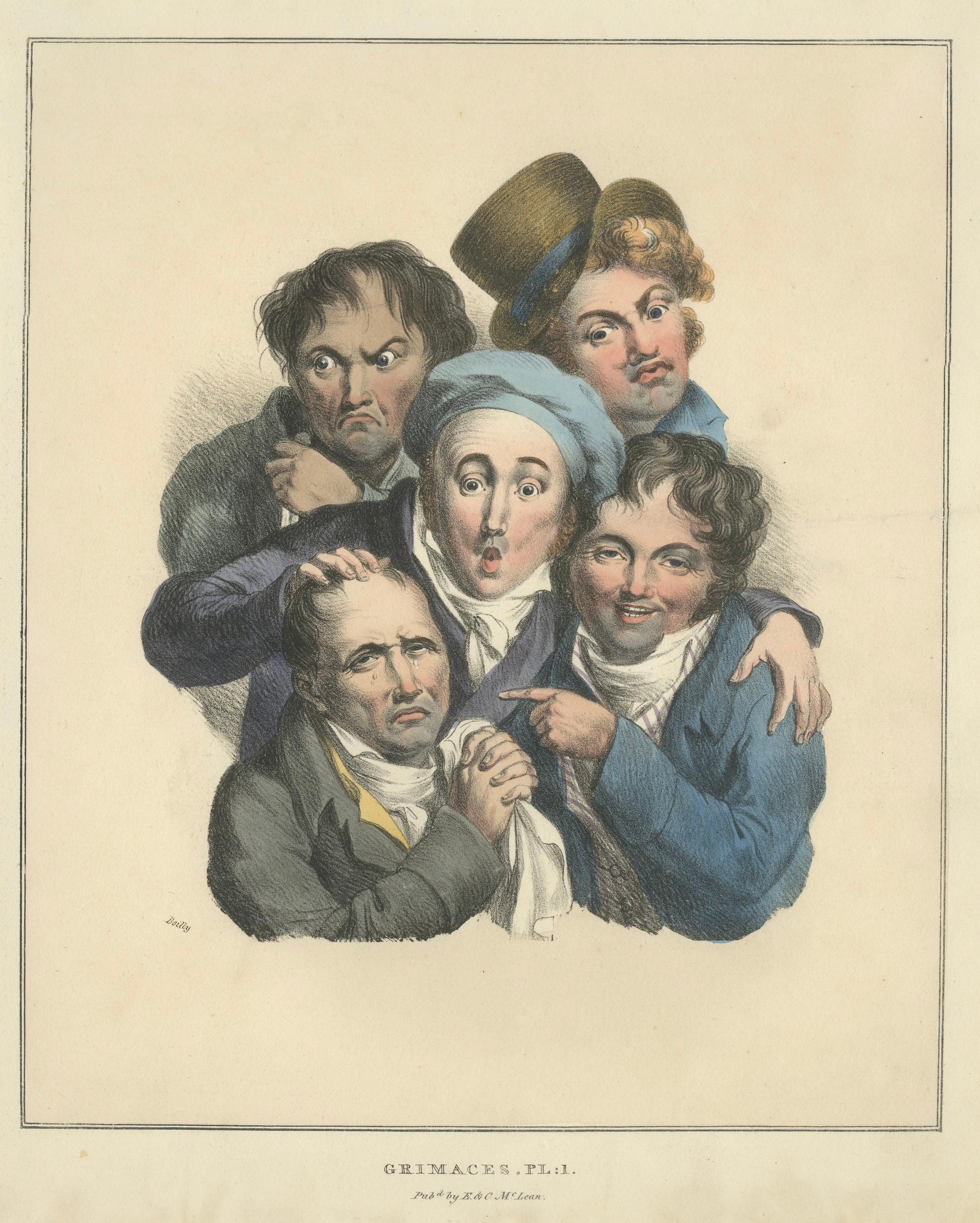 Grimaces Pl. 2 – Female Emotions, Satirical Lithograph, Circa 1823