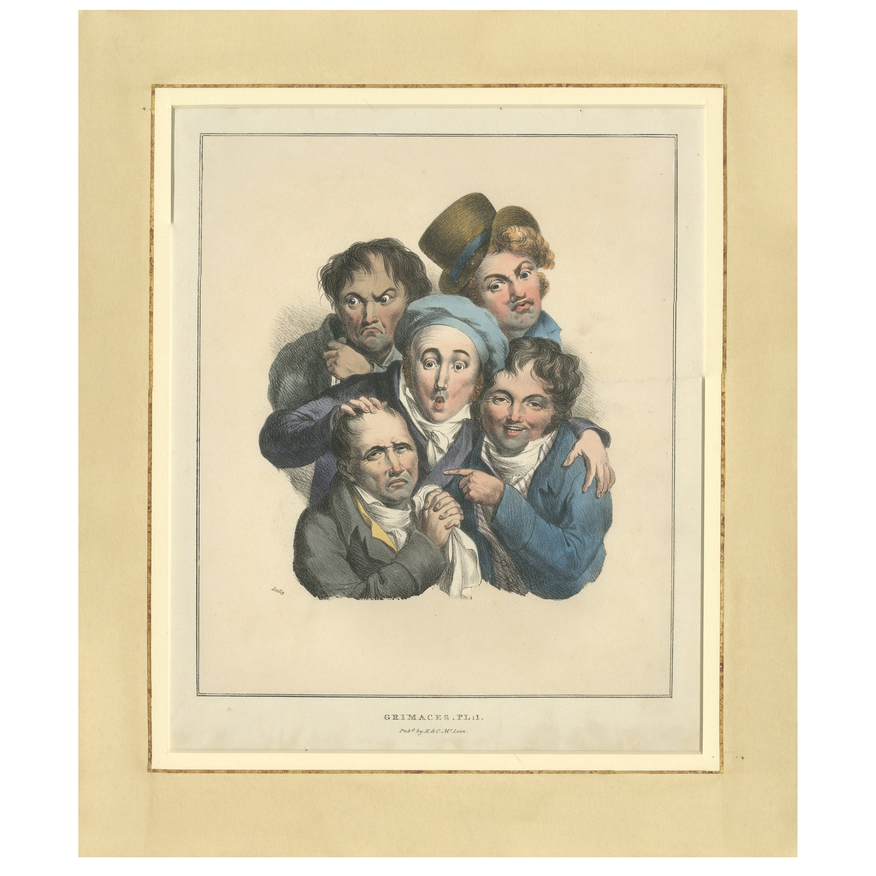 Grimaces Pl. 2 – Female Emotions, Satirical Lithograph, Circa 1823