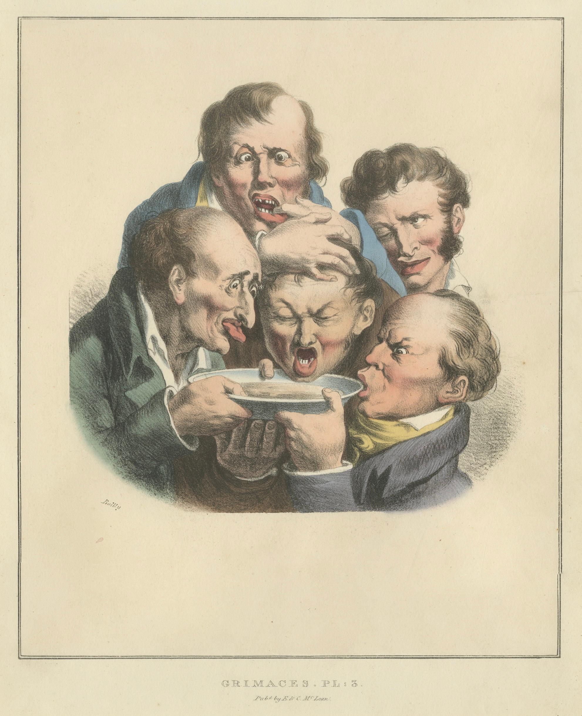Grimaces Pl. 6 – Boilly Tobacco Smoking Satire, Hand-Colored Lithograph, ca.1823