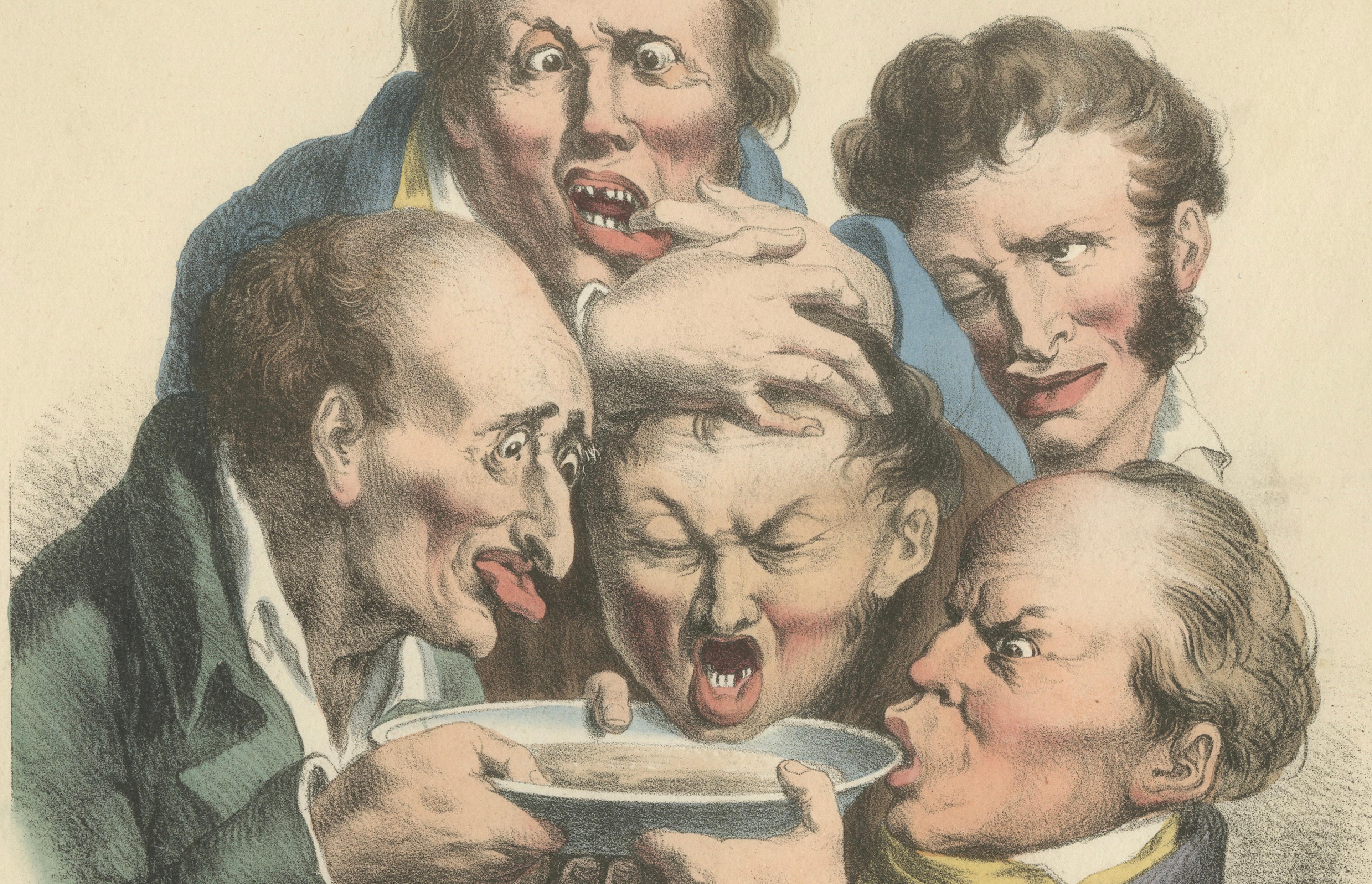 Grimaces Pl. 6 – Boilly Tobacco Smoking Satire, Hand-Colored Lithograph, ca.1823