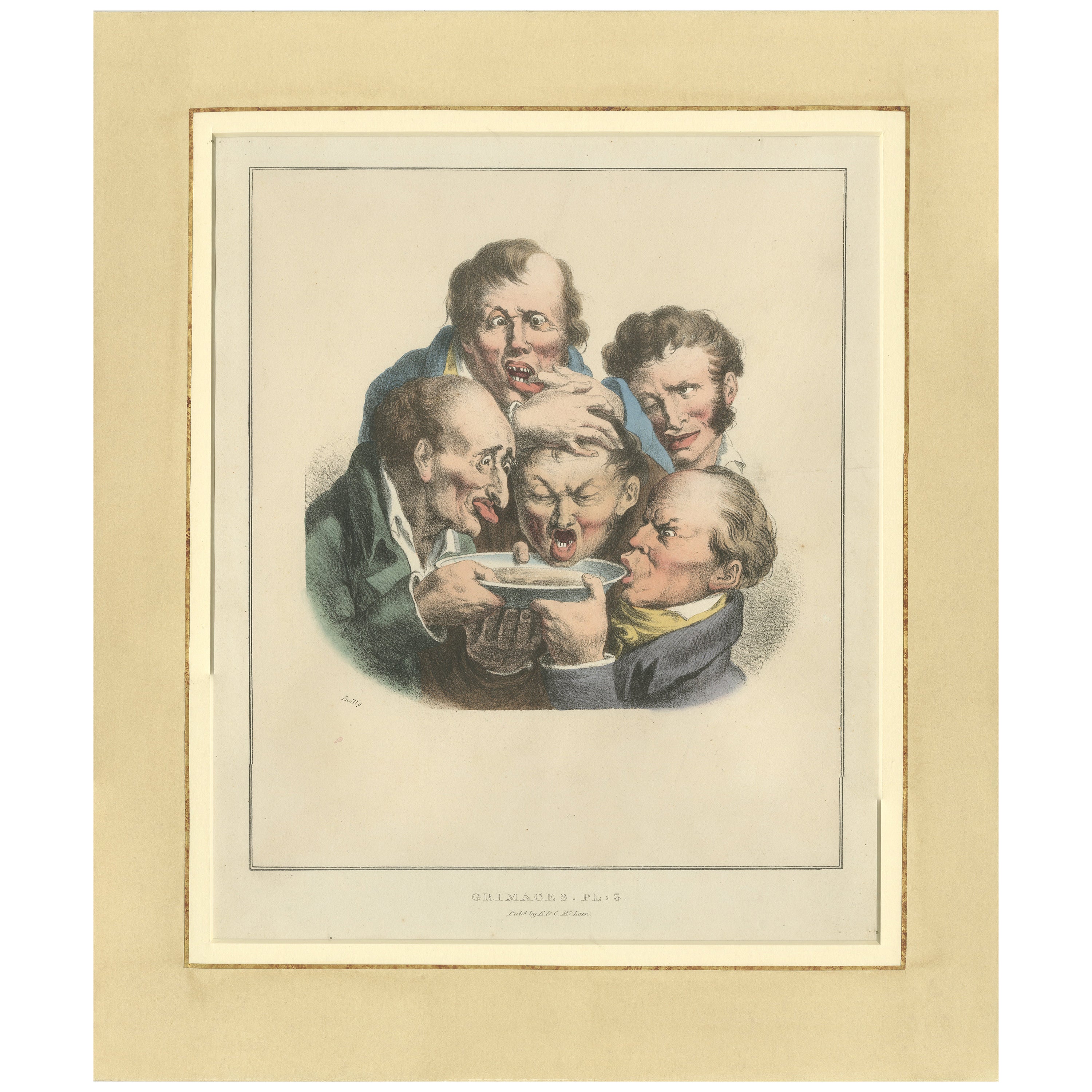 Grimaces Pl. 6 – Boilly Tobacco Smoking Satire, Hand-Colored Lithograph, ca.1823