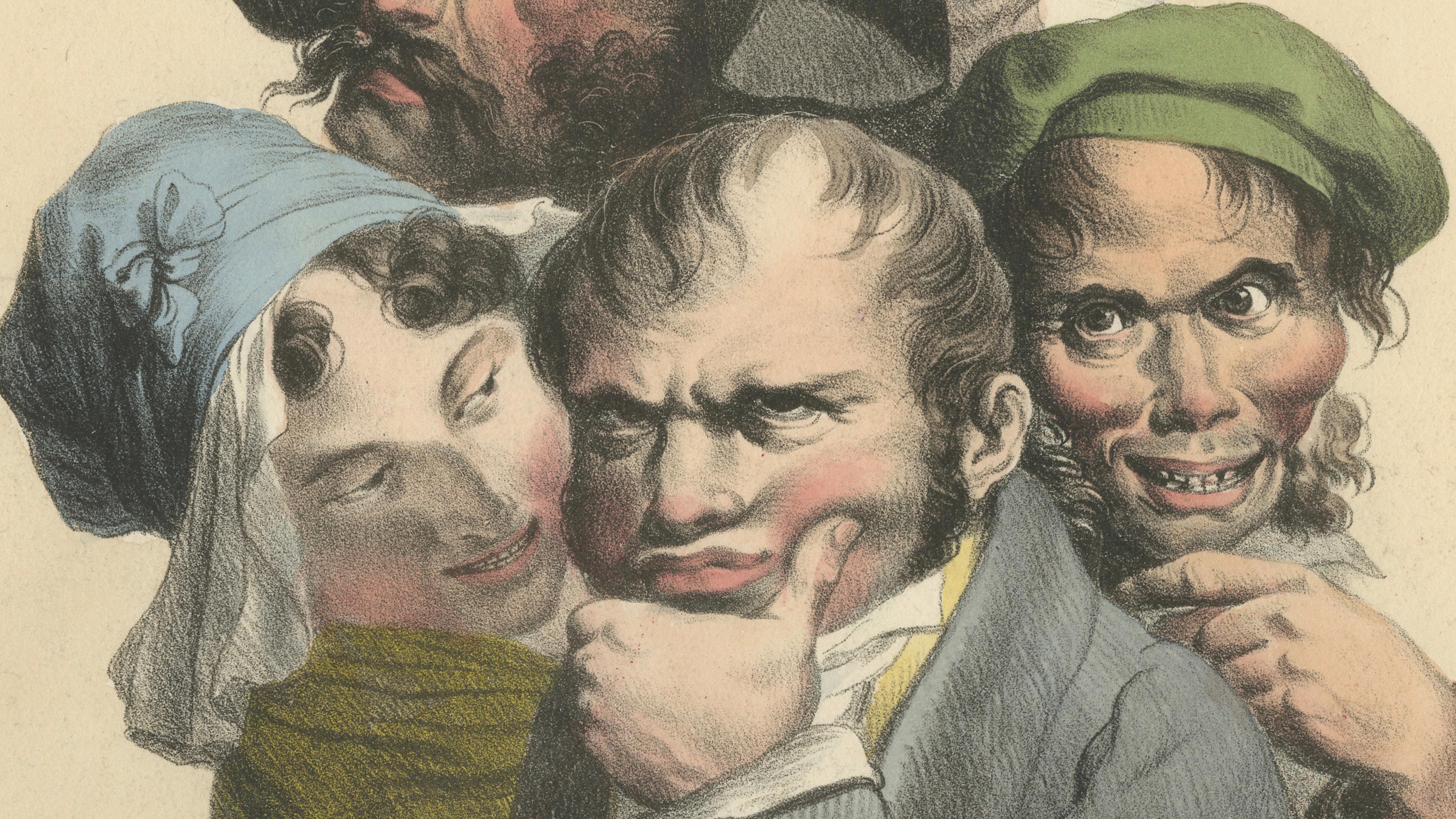 Grimaces Plate 4: Satirical Lithograph of Male & Female Expressions, ca.1823
