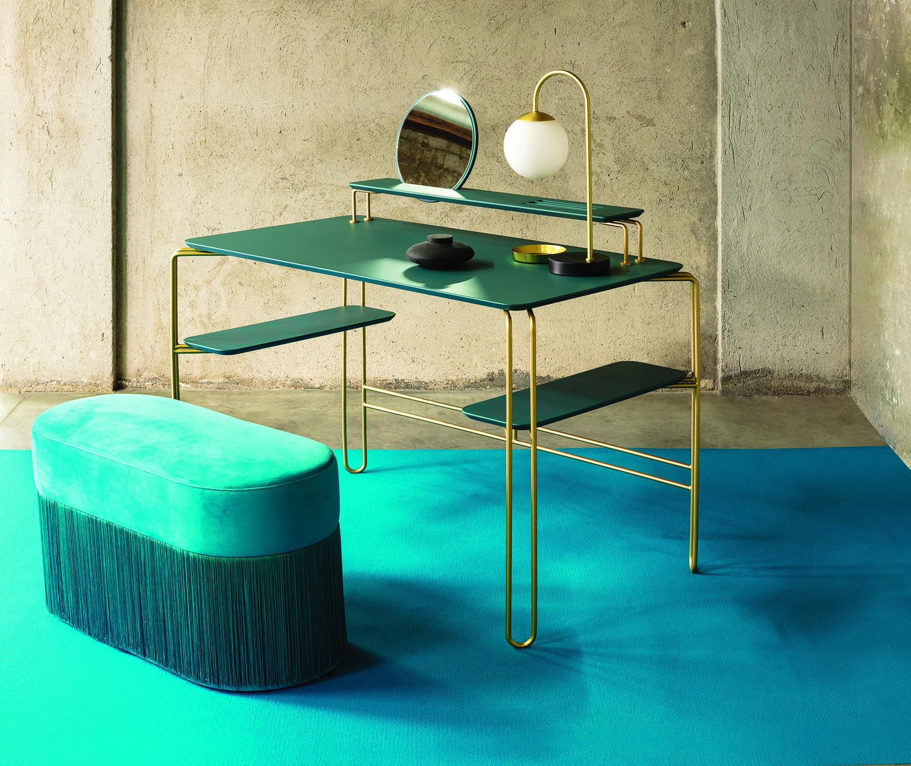 Grimilde console table by Mentemano
Dimensions: W 120 x D 65 x H 88 cm
Materials: Steel, wood, mirror 
Other colors available.

Console desk made of bended coated steel defined by clear and minimal lines with lacquered wood shelves. The two