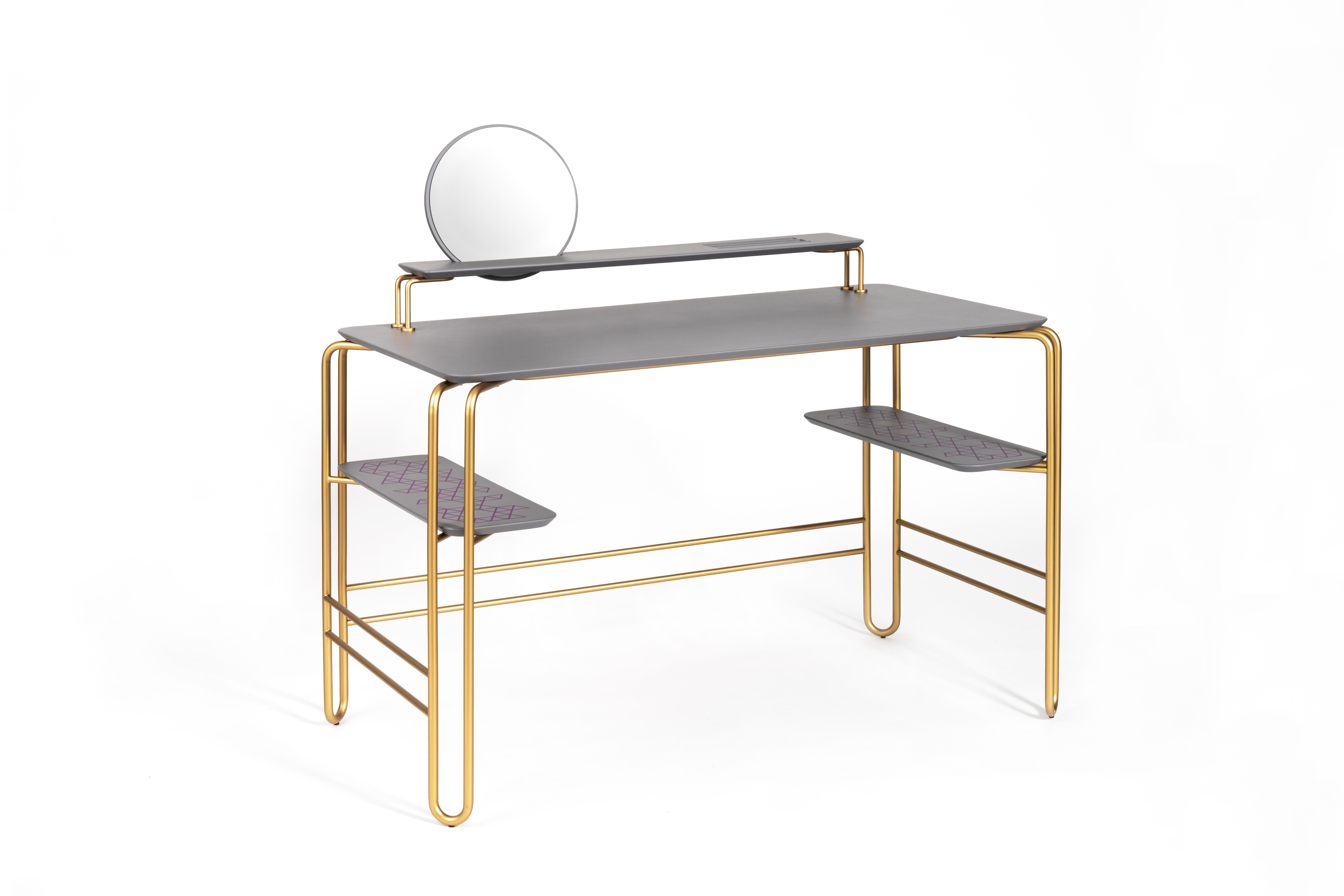 Grimilde console table by Mentemano
Dimensions: w 120 x d 65 x d 88 cm
Materials: Steel, Wood, Mirror 
Other colors available.

Console desk made of bended coated steel defined by clear and minimal lines with lacquered wood shelves. The two