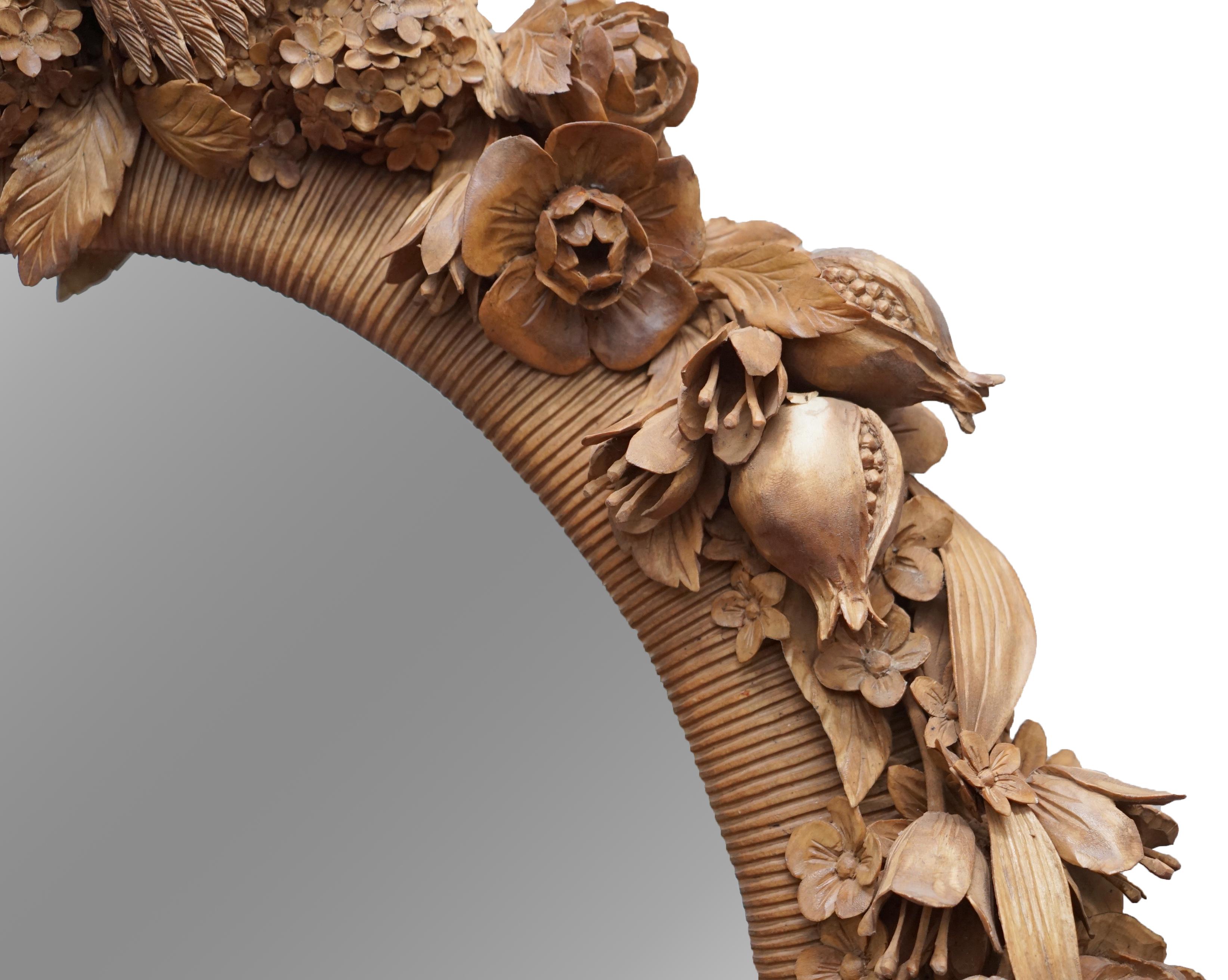 Grinling Gibbons Style Love Birds, Flowers Heavily Carved Large Oval Wall Mirror 5