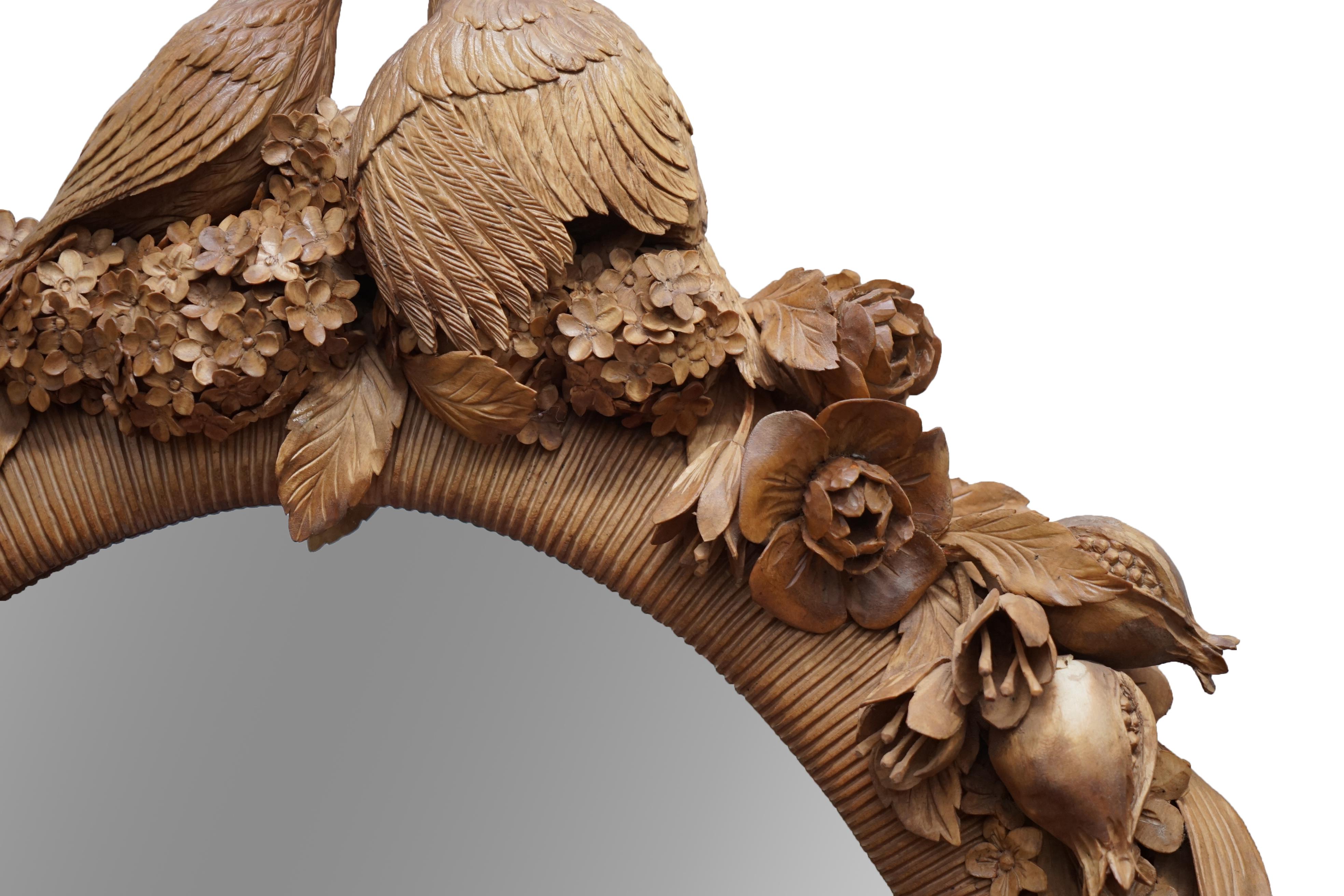 Grinling Gibbons Style Love Birds, Flowers Heavily Carved Large Oval Wall Mirror 6