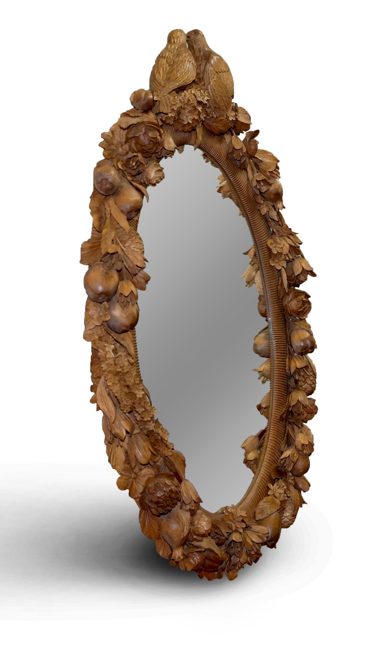 Grinling Gibbons Style Love Birds, Flowers Heavily Carved Large Oval Wall Mirror 9