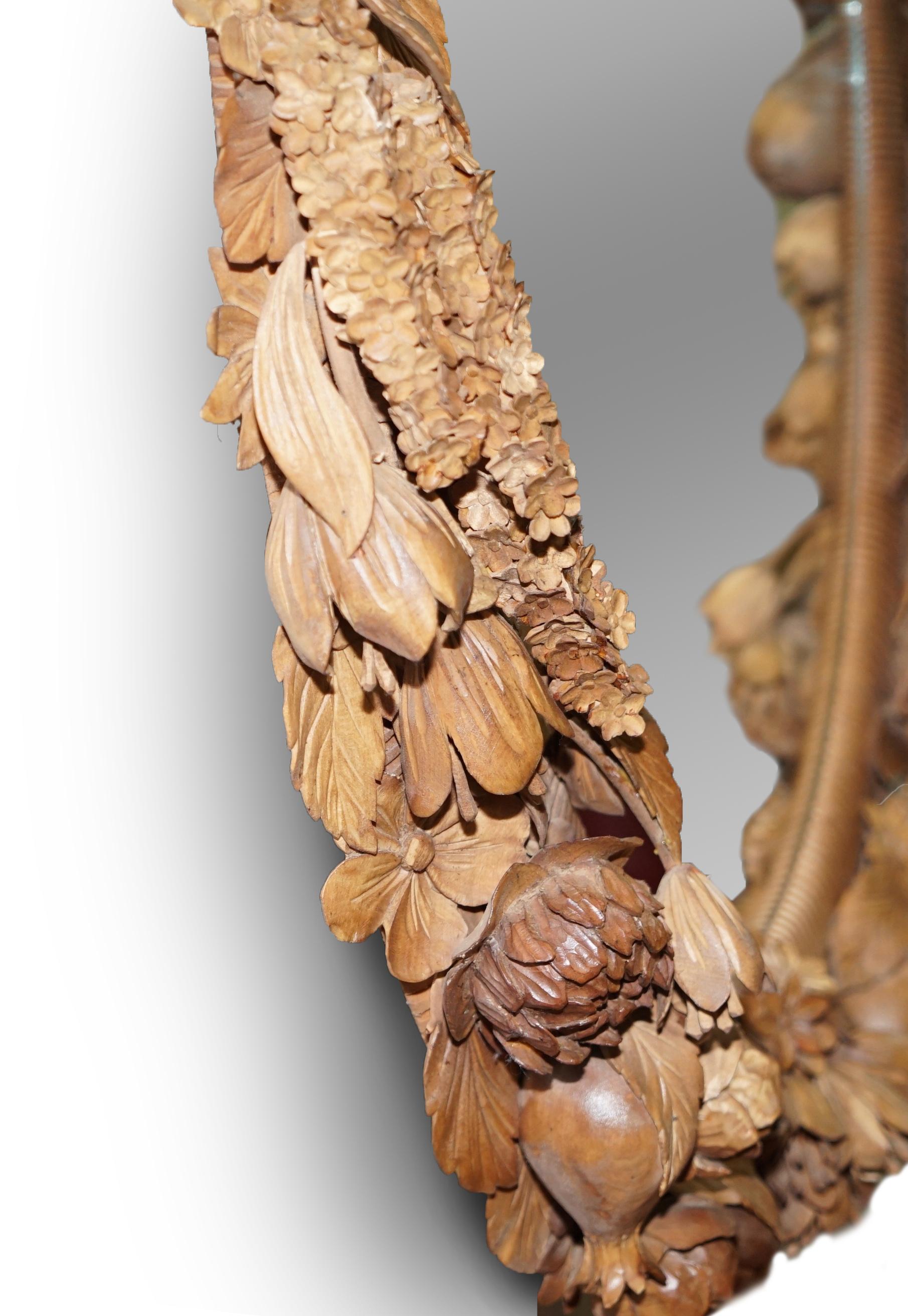 Grinling Gibbons Style Love Birds, Flowers Heavily Carved Large Oval Wall Mirror 12