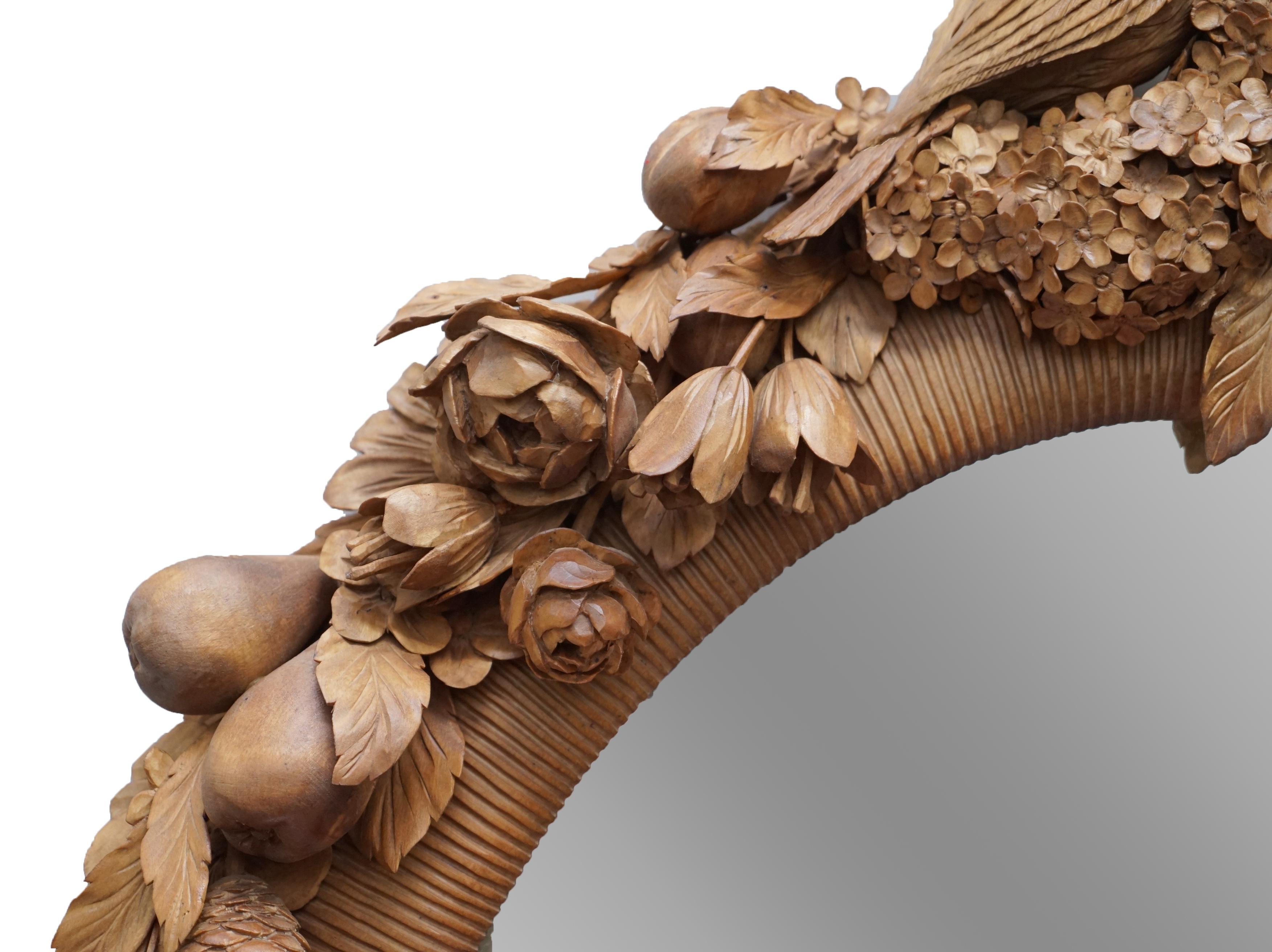 Arts and Crafts Grinling Gibbons Style Love Birds, Flowers Heavily Carved Large Oval Wall Mirror