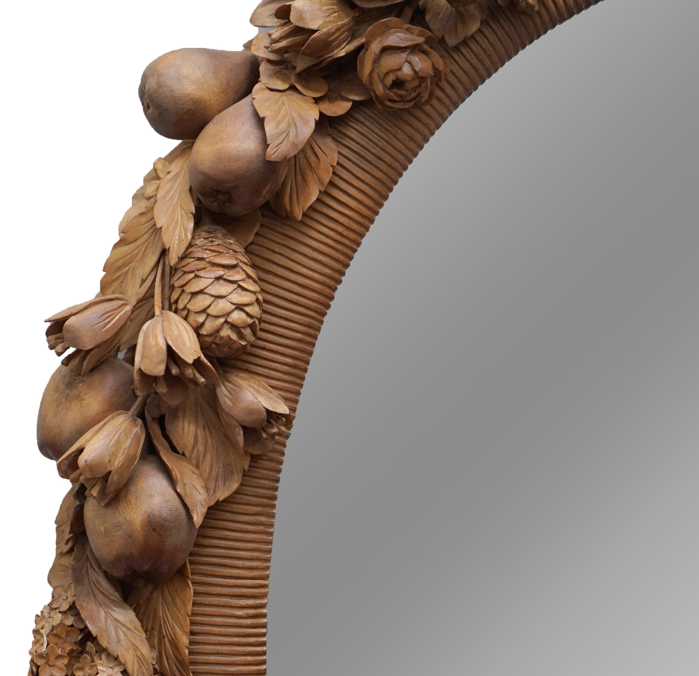 English Grinling Gibbons Style Love Birds, Flowers Heavily Carved Large Oval Wall Mirror