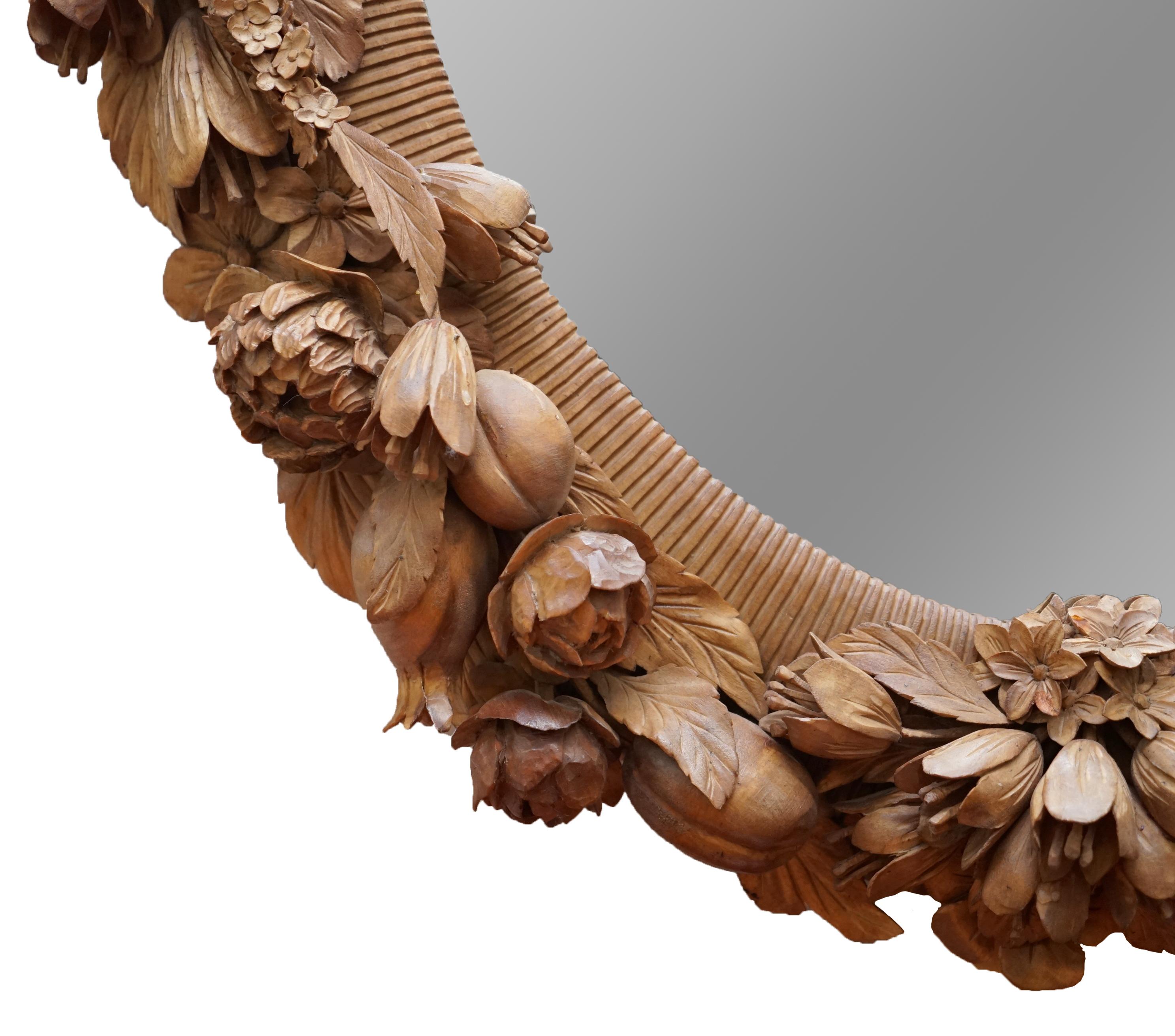 20th Century Grinling Gibbons Style Love Birds, Flowers Heavily Carved Large Oval Wall Mirror