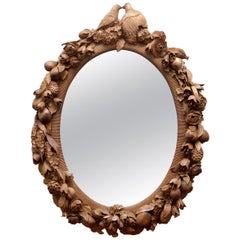 Grinling Gibbons Style Love Birds, Flowers Heavily Carved Large Oval Wall Mirror