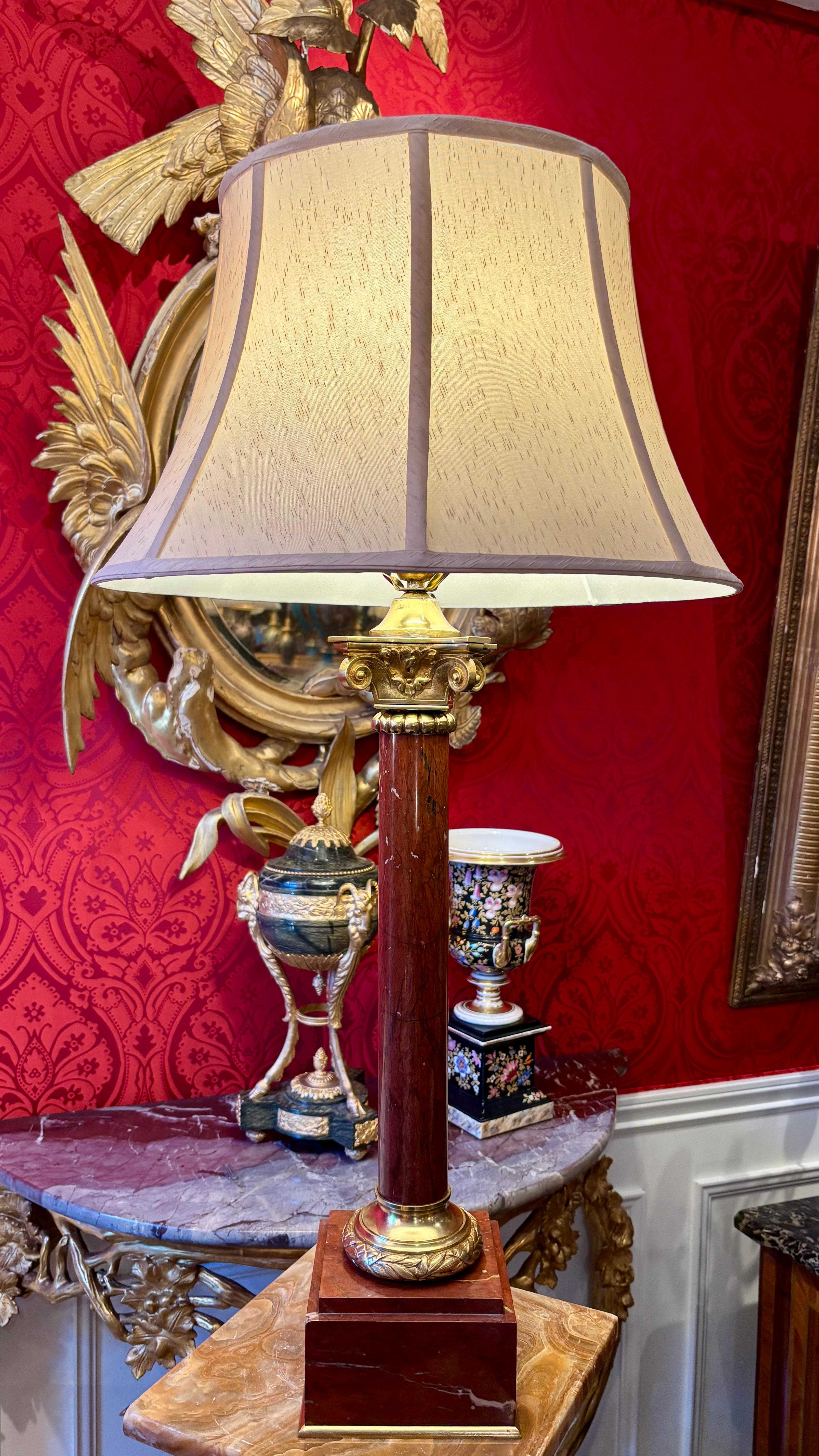 Neoclassical Griotte Marble and Bronze Neo Classical Column Lamp For Sale