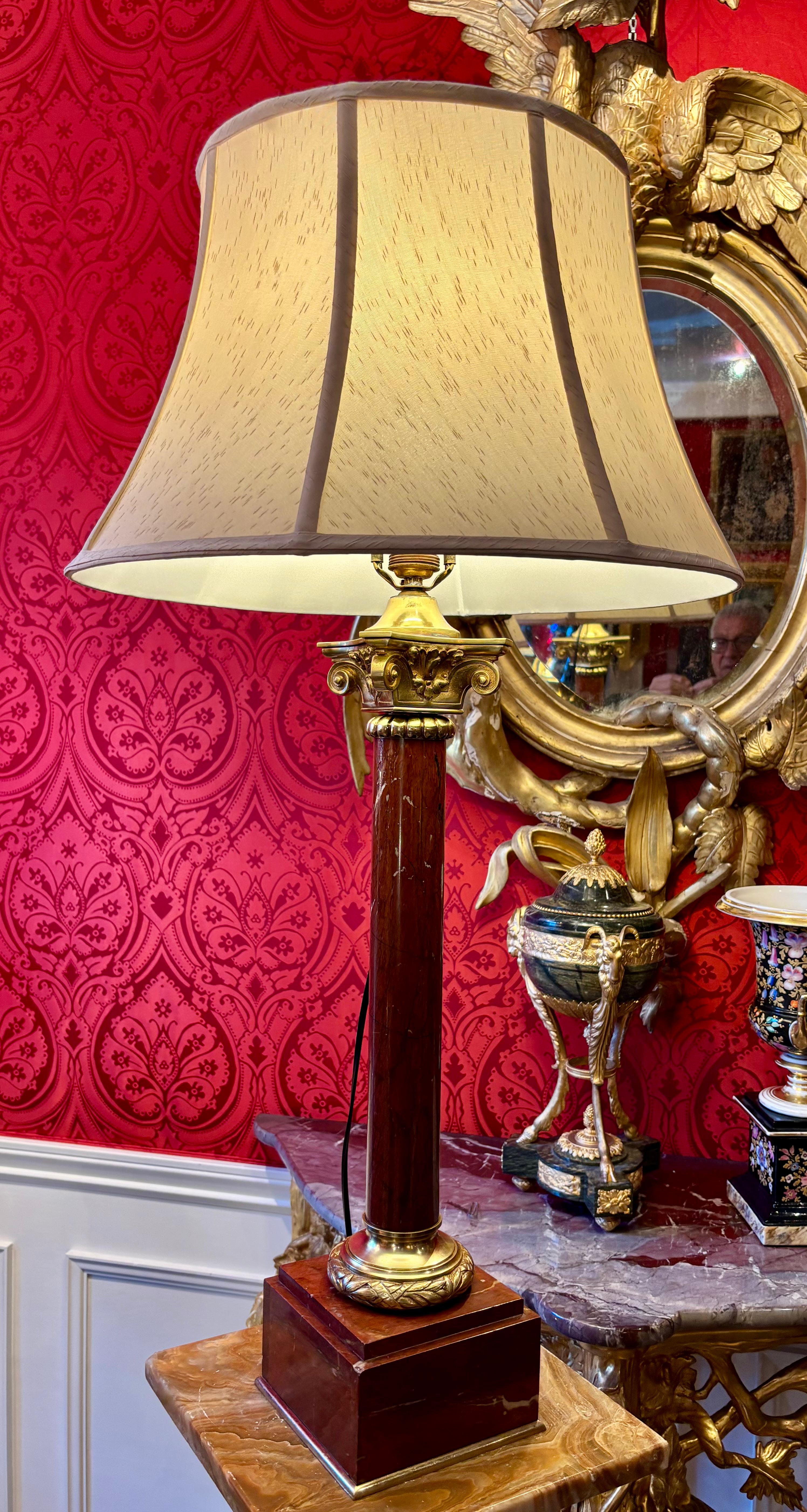 French Griotte Marble and Bronze Neo Classical Column Lamp For Sale