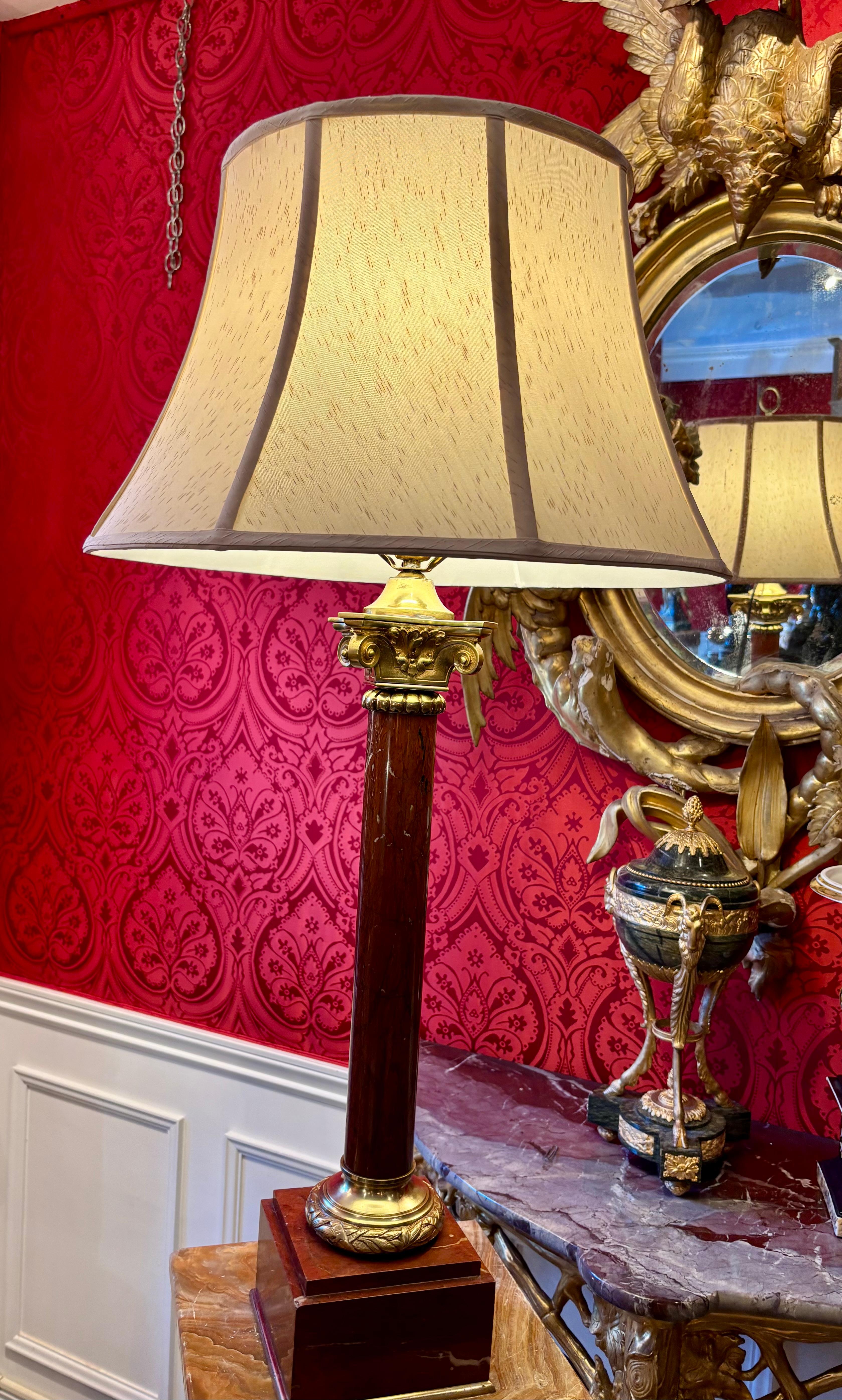 Hand-Crafted Griotte Marble and Bronze Neo Classical Column Lamp For Sale