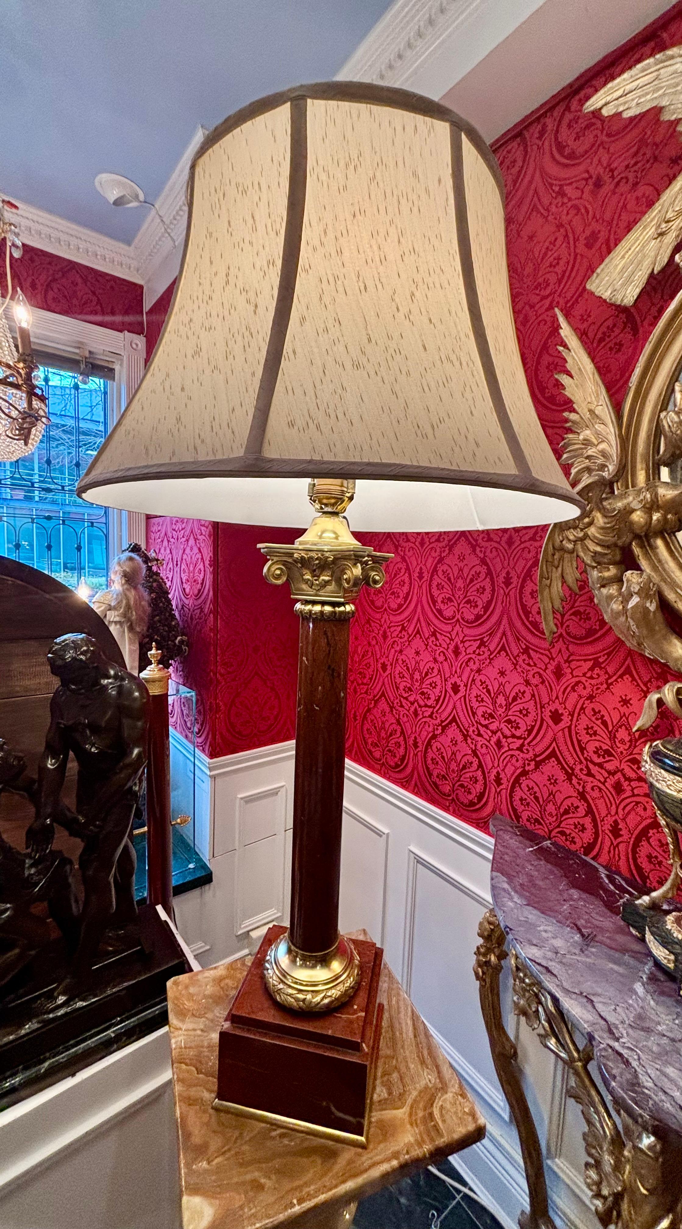 19th Century Griotte Marble and Bronze Neo Classical Column Lamp For Sale