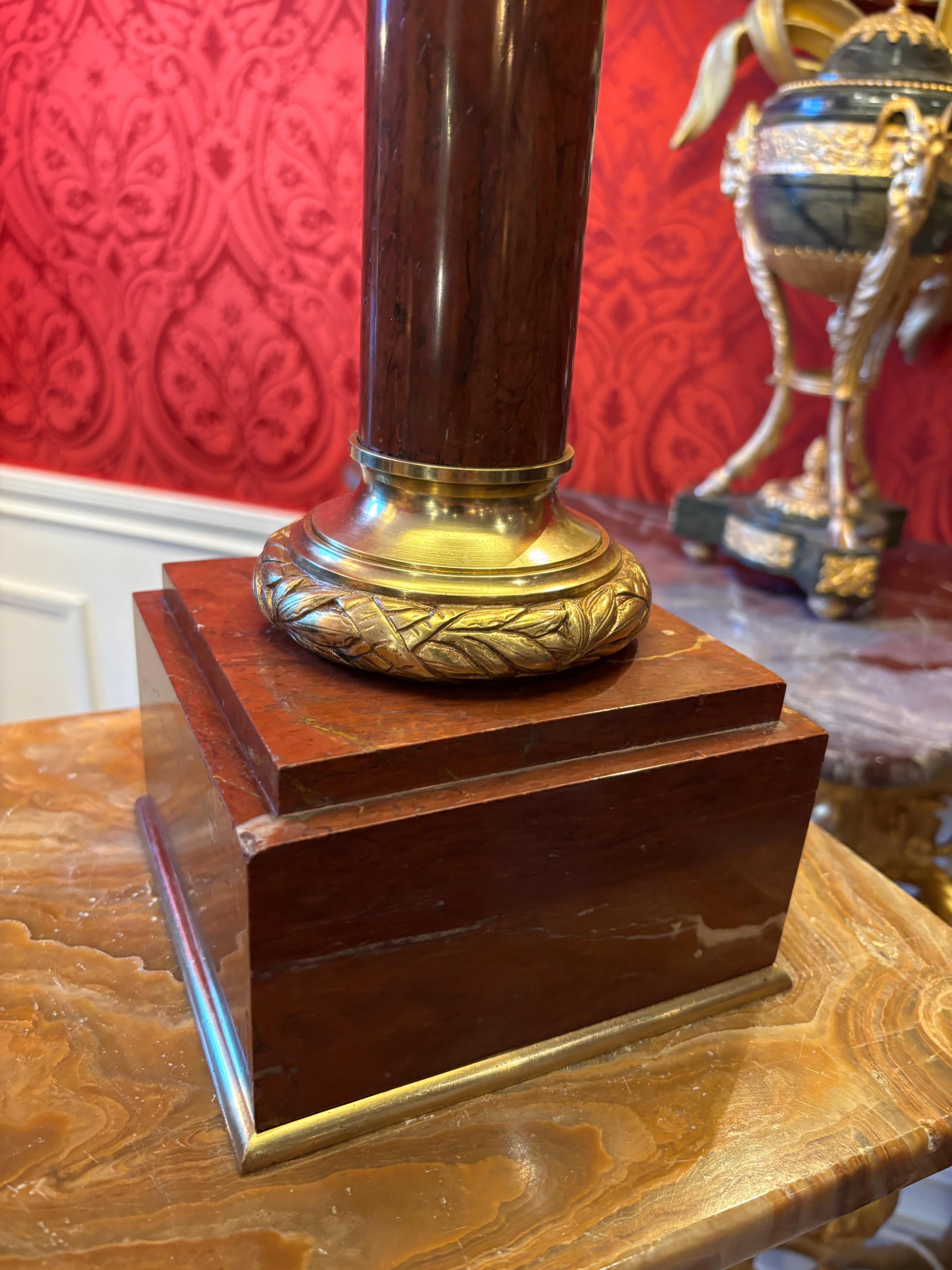 Griotte Marble and Bronze Neo Classical Column Lamp For Sale 1