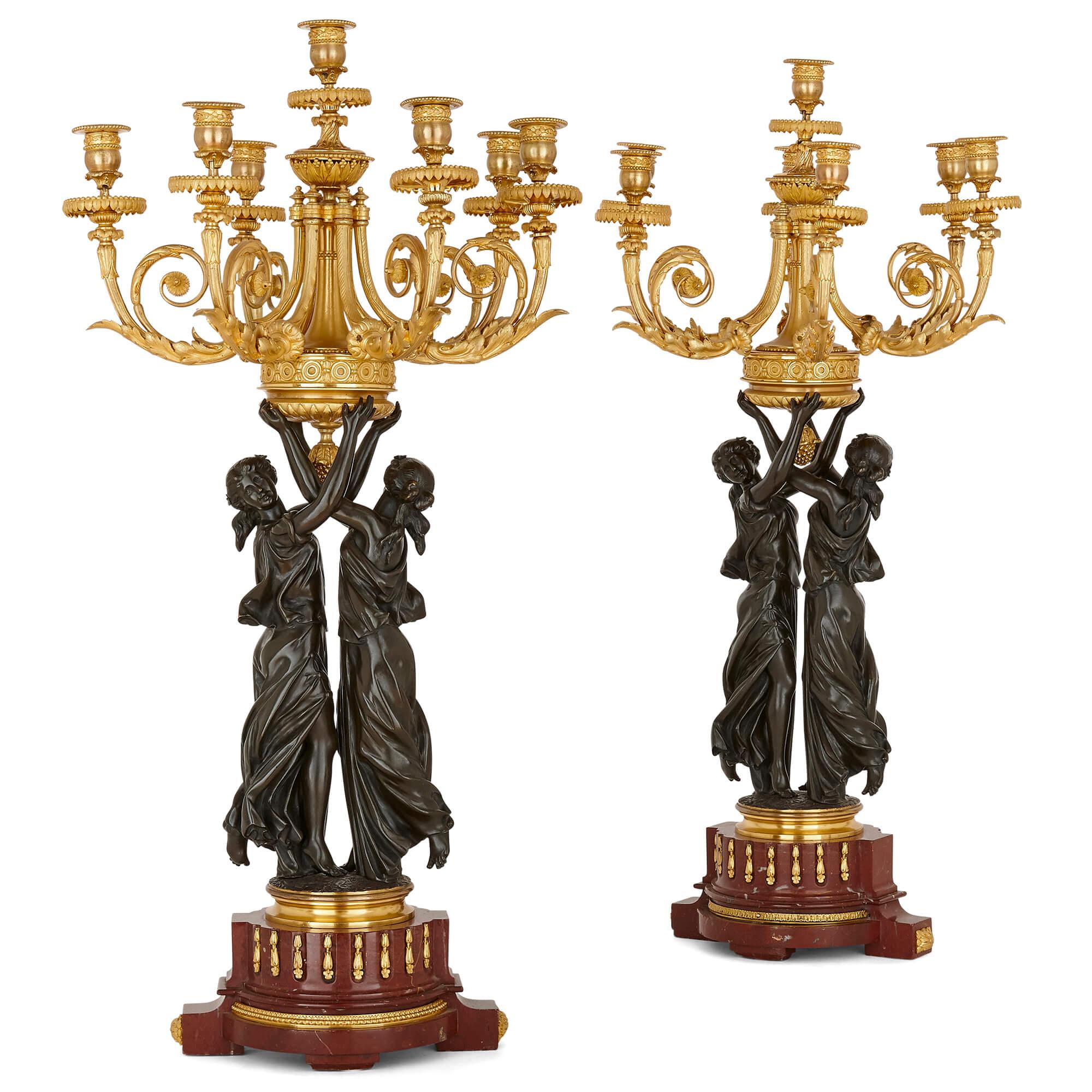 Napoleon III Griotte marble and gilt and patinated bronze clock garniture by Graux For Sale