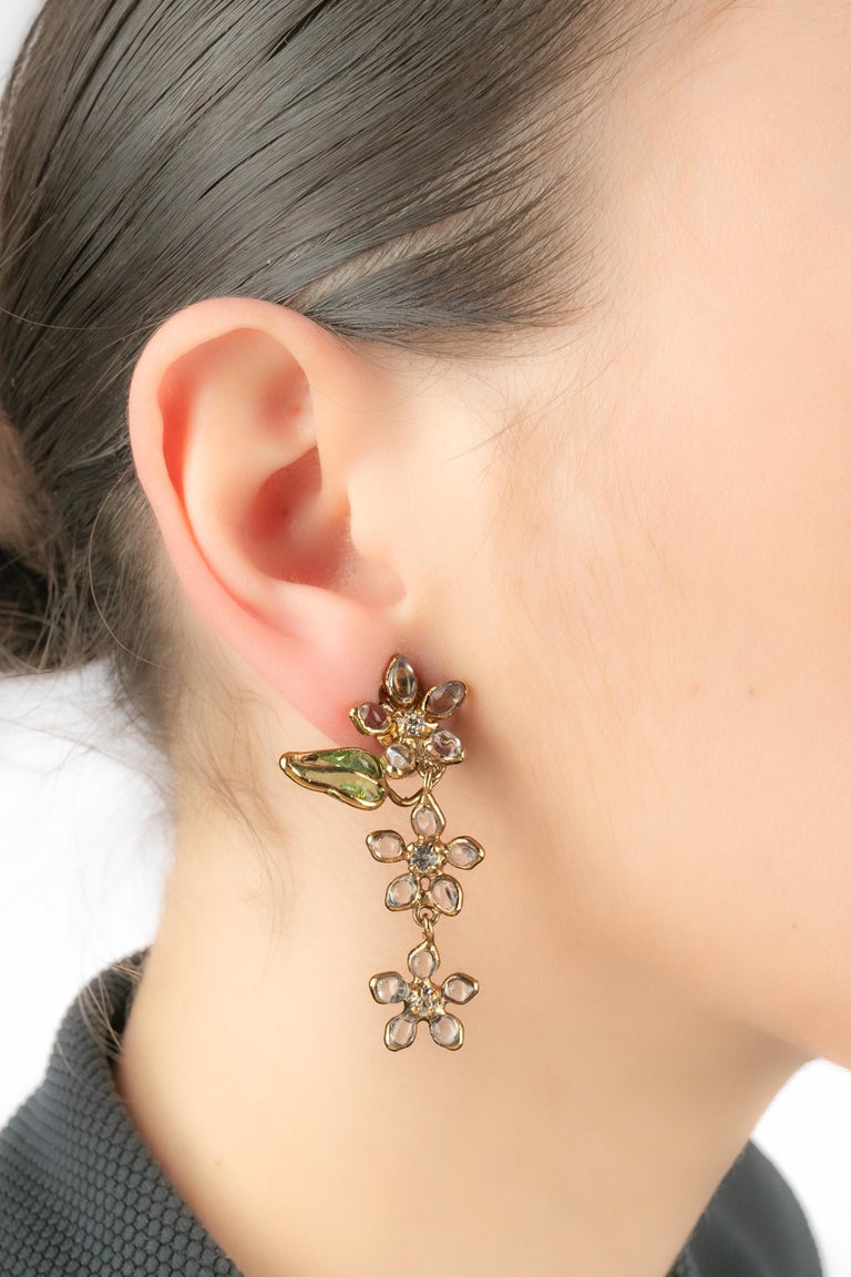 Boucles D'oreilles Vintage Années 80-90 - Gripoix, Strass Multicolore, Métal Doré - Occasion Très Bon état