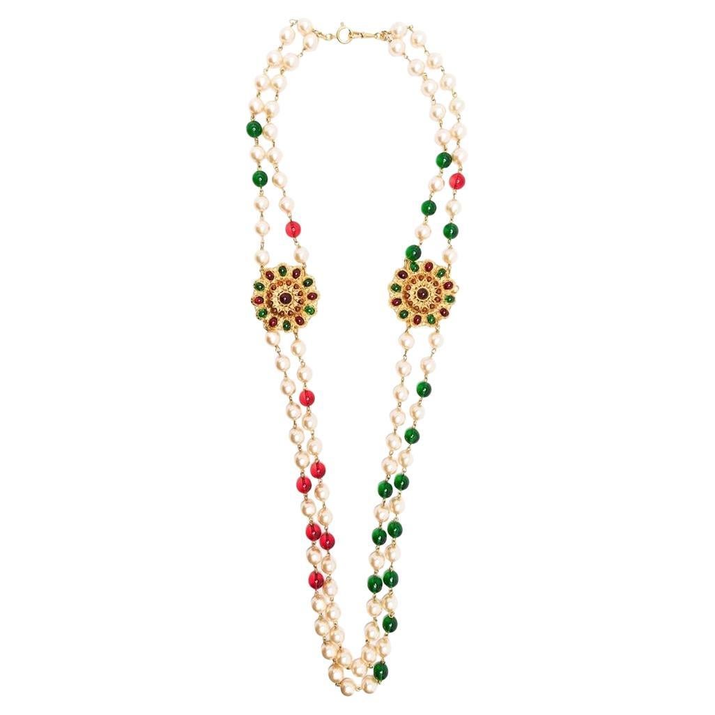 Gripoix Double-strand Pearl Beaded Floral Necklace