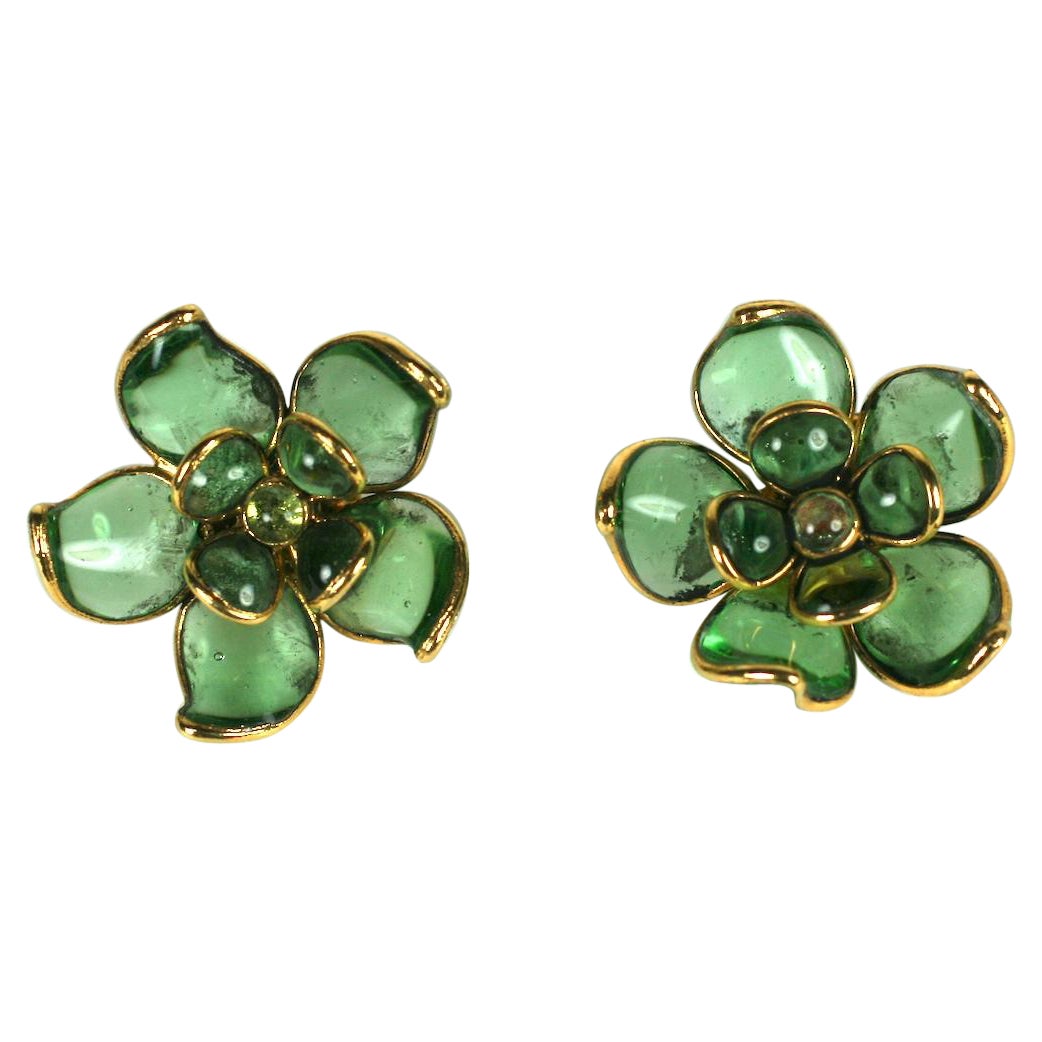 Pendientes Flor de Vidrio Vertido Esmeralda Gripoix
