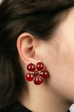 Gripoix Flower Earrings in Gold Metal and Red Glass Paste