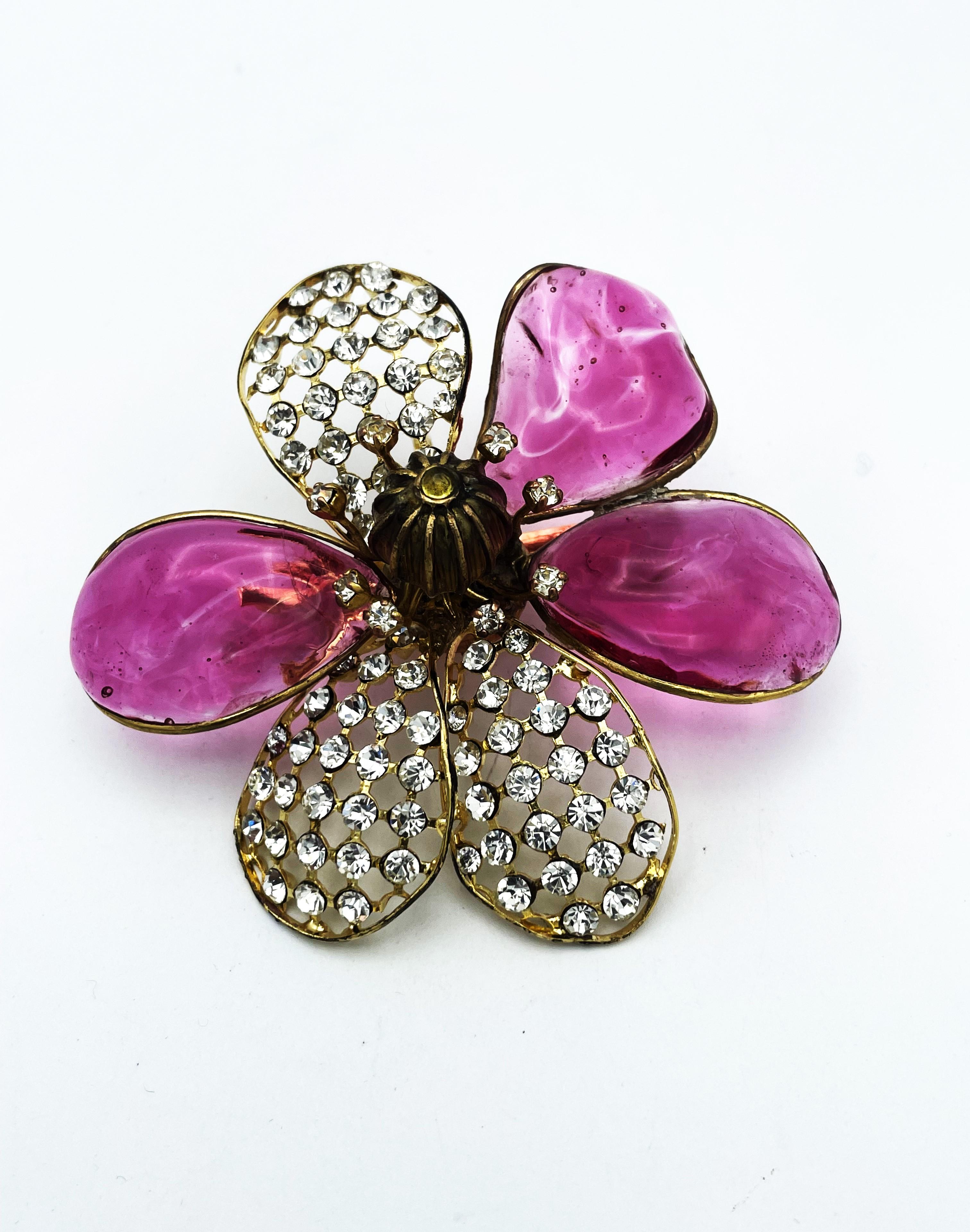 Artist Gripoix for Chanel larg camellia brooch pink Gripoix, rhinestone petals, 1990s For Sale