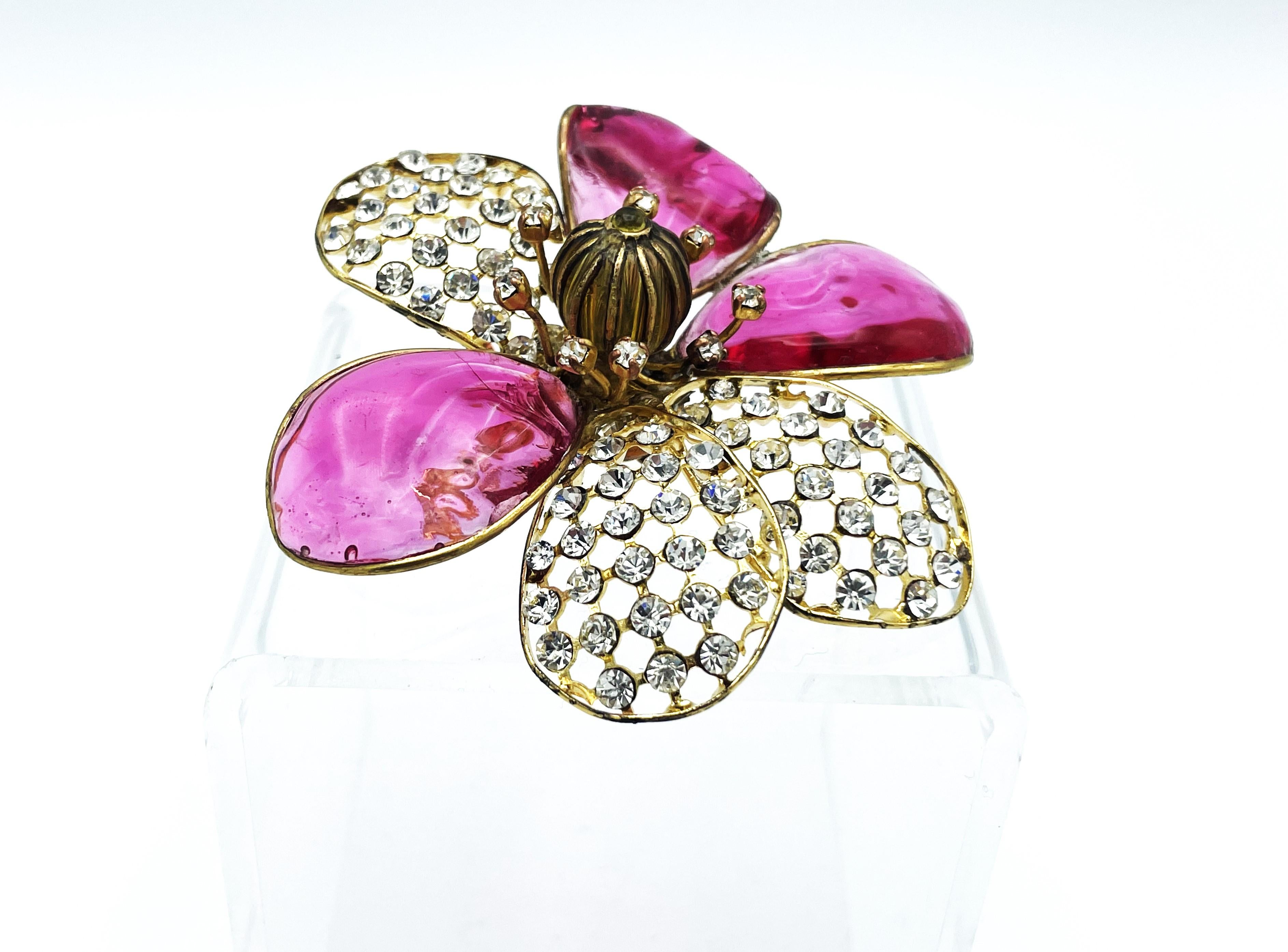 Mixed Cut Gripoix for Chanel larg camellia brooch pink Gripoix, rhinestone petals, 1990s For Sale