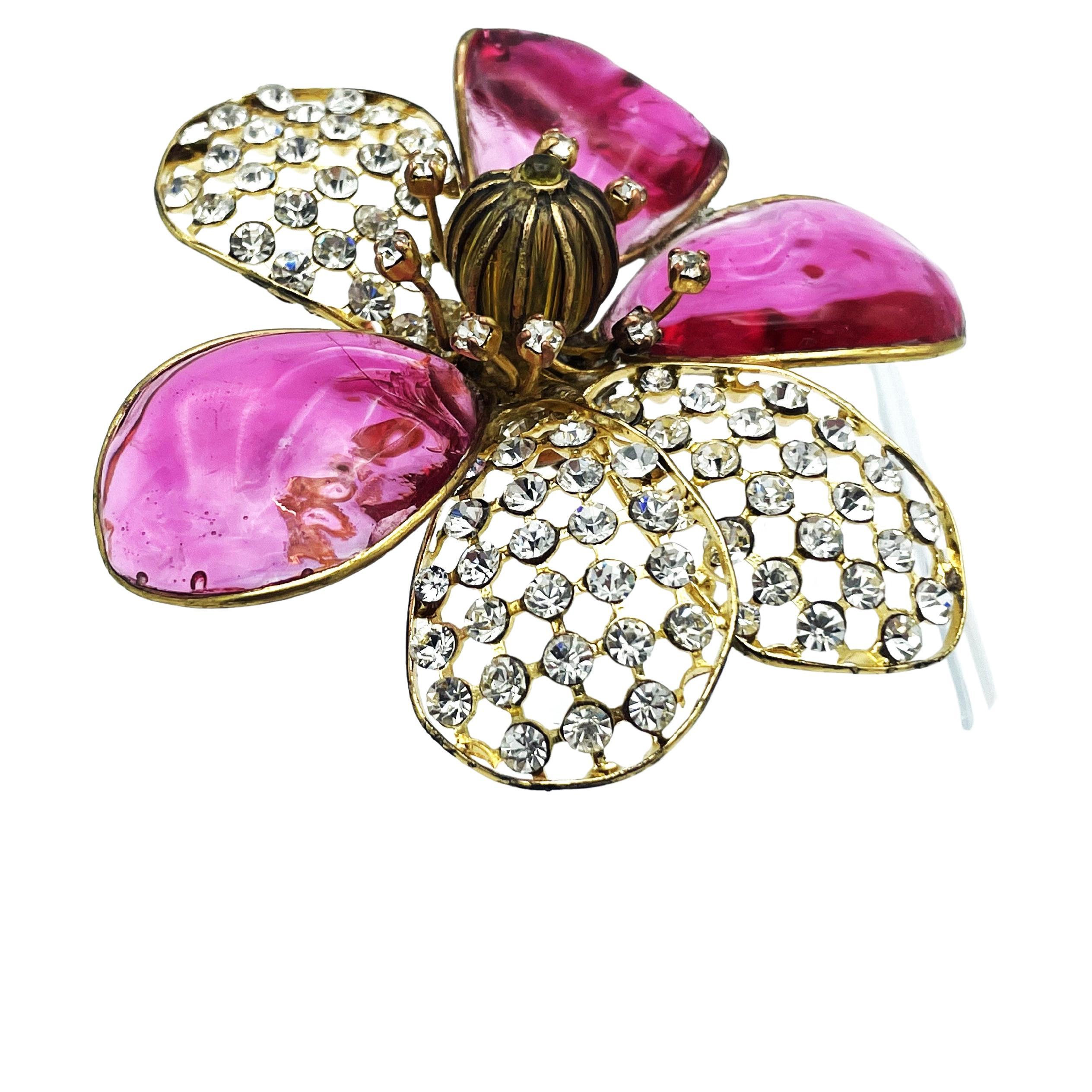 Gripoix for Chanel larg camellia brooch pink Gripoix, rhinestone petals, 1990s For Sale