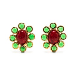 1970s Gripoix Gold-Toned Clip-On Earrings with Green and Red Cabochons
