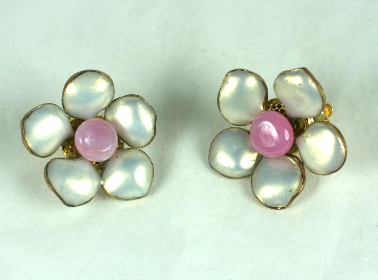 Handmade Gripoix for Chanel Mother of Pearl lacquer and Pink Glass Earrings from the 1980's. Large flower heads with Mother of pearl nacred petals and central poured glass cabochon. Handmade by Gripoix Paris. Marked 