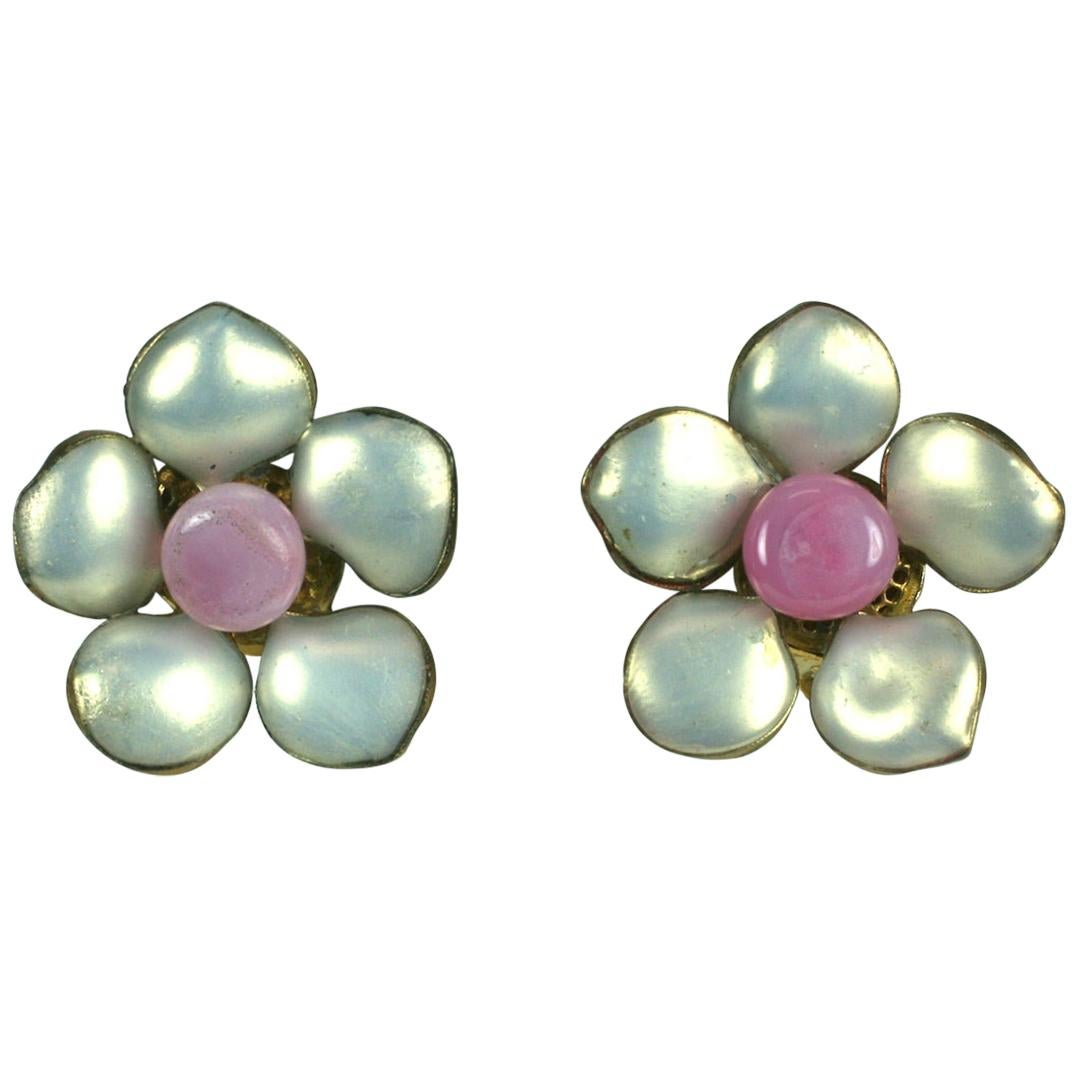  Maison Gripoix for Chanel Mother of Pearl Lacquer and Pink Glass Earrings For Sale