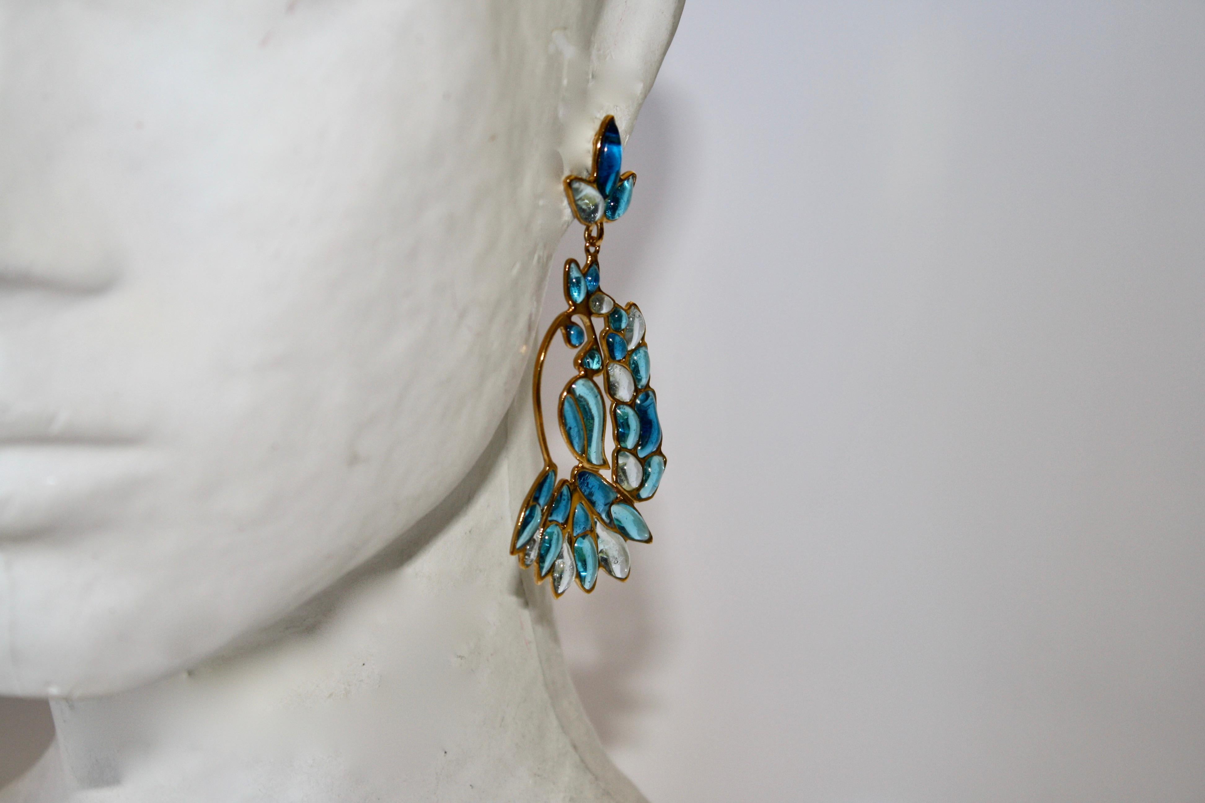 Made in Paris these poured glass earrings in blue are pierced and handmade in the Gripoix workshop. 