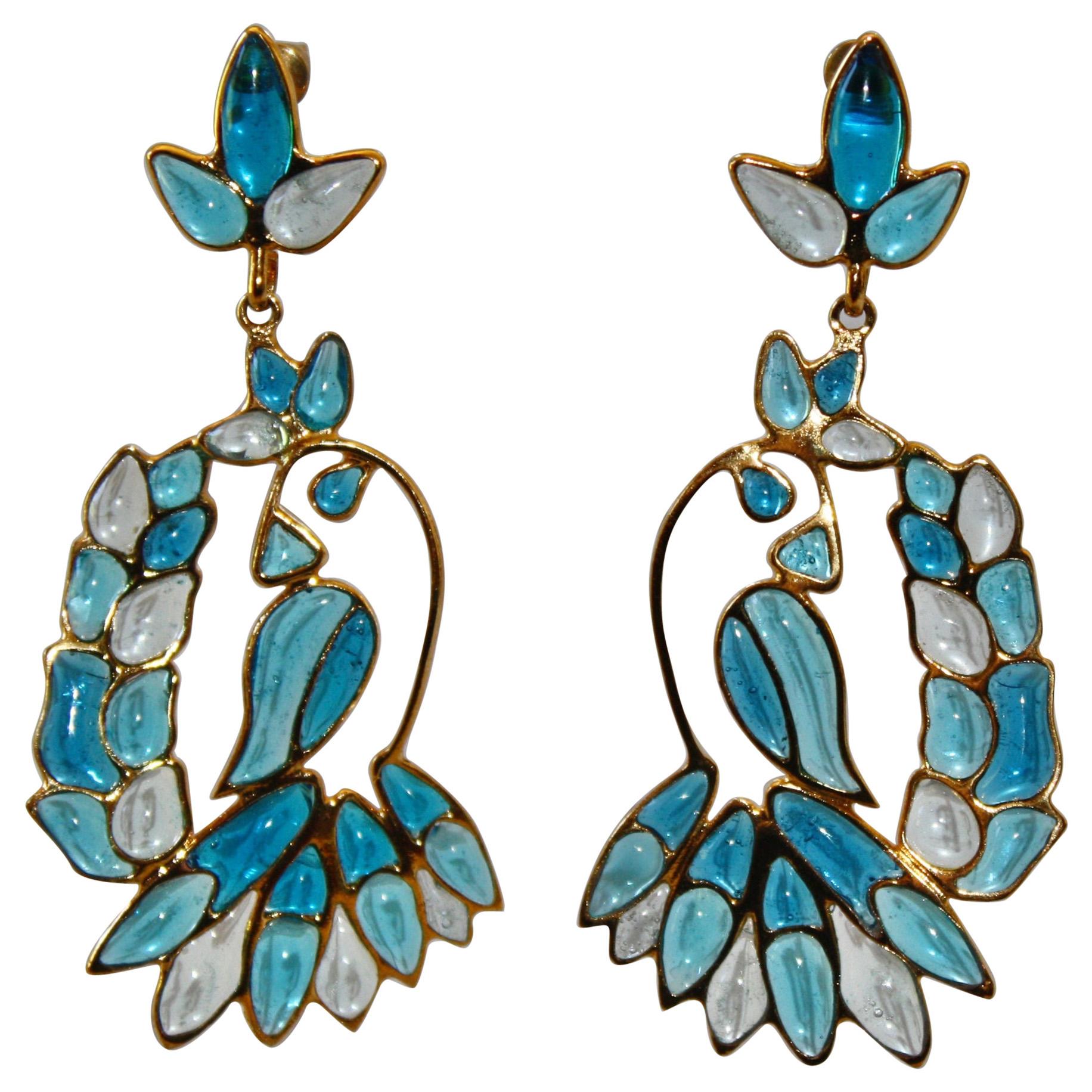 Gripoix Paris Blue Hanging Tropical Bird Earrings