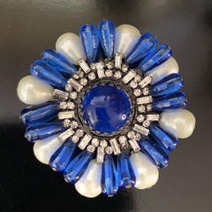 Gripoix, París. BROCHE y COLGANTE vintage en azul cobalto con perlas de cristal de Gripoix