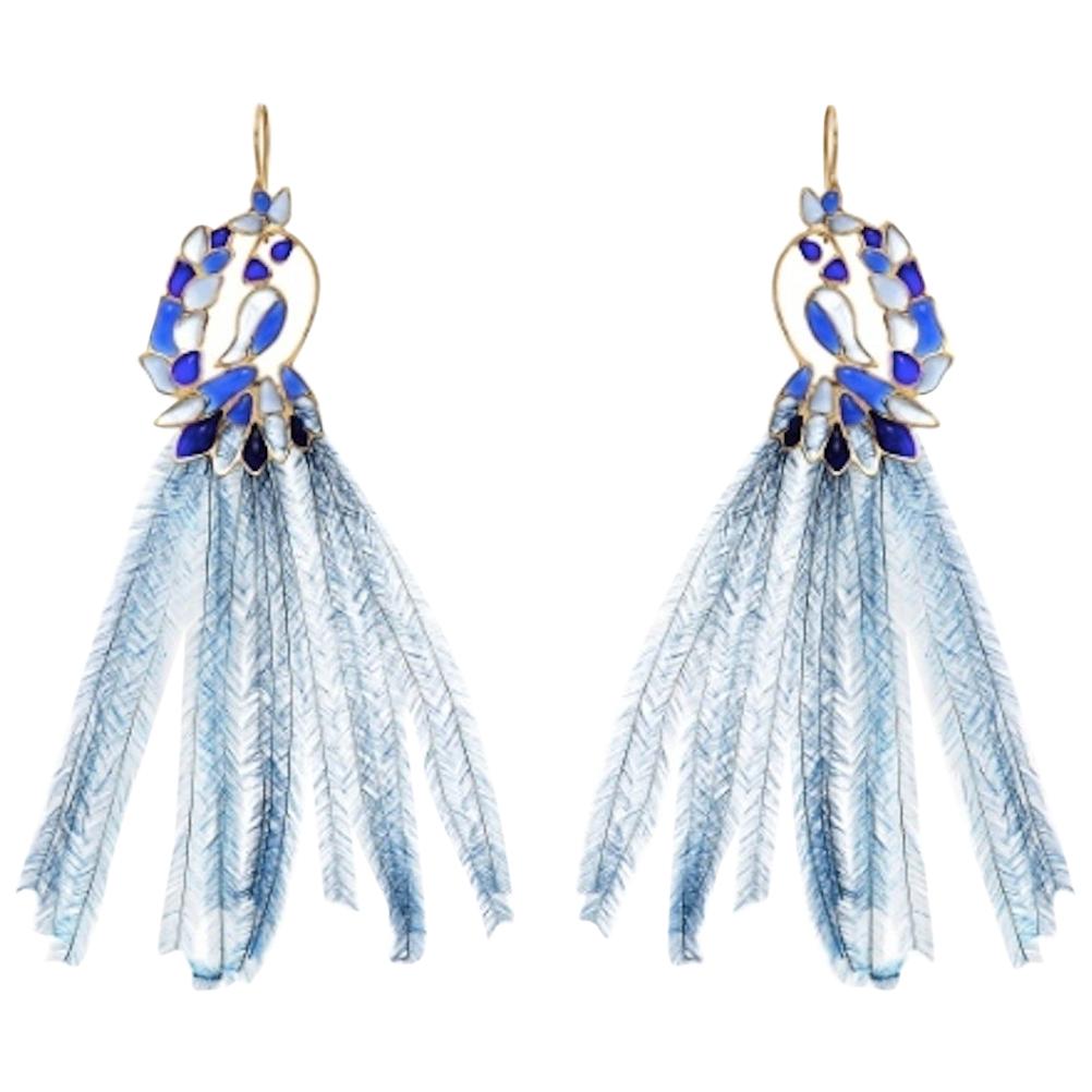 Gripoix Paris Exotic Bird Glass and Feather Earrings