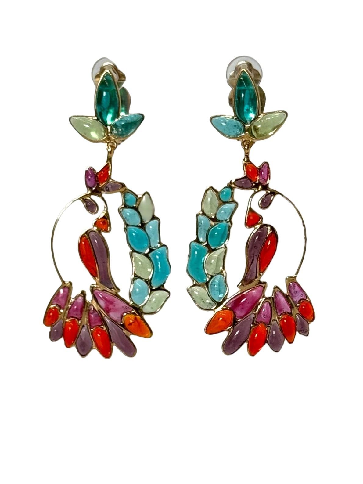 Art Deco Gripoix Paris Hanging Tropical Bird Earrings For Sale
