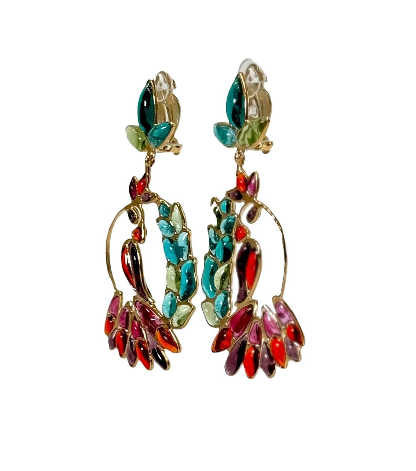 Gripoix Paris Hanging Tropical Bird Earrings For Sale 1