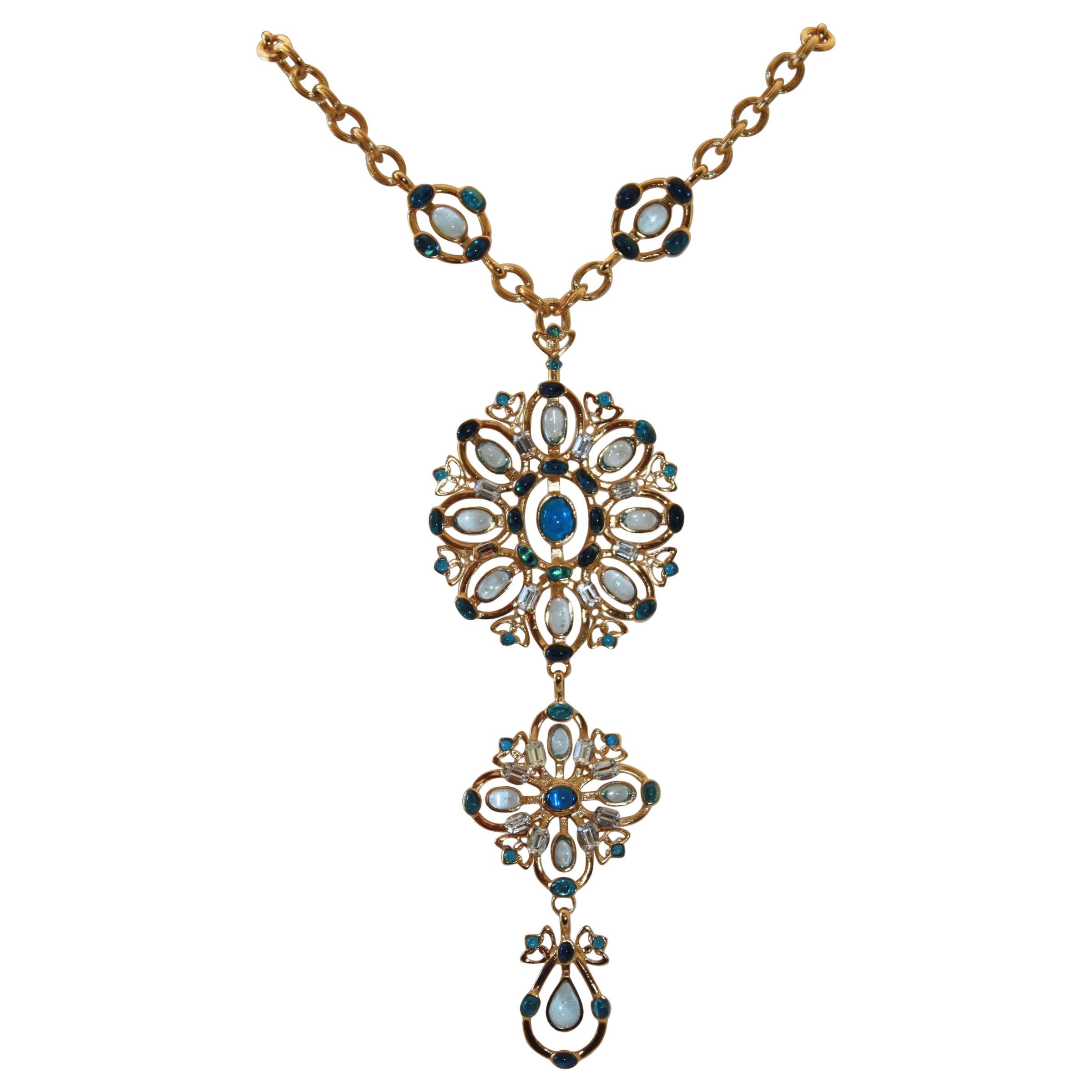 Gripoix Paris Long Blue Glass Statement Necklace For Sale