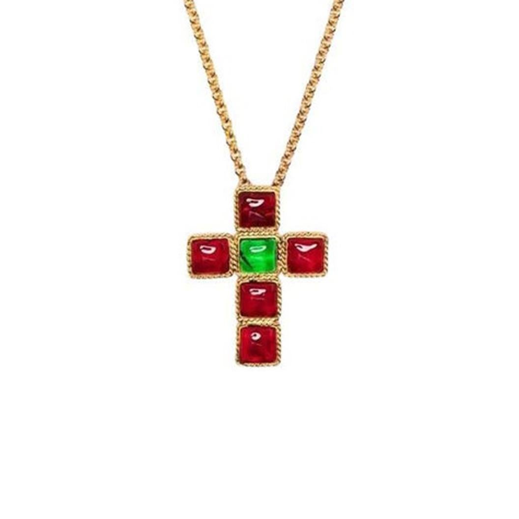 Women's Gripoix Red and Green Cabochon Cross Motif Necklace  For Sale