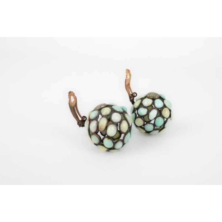 Boucles d'oreilles Gripoix en métal argenté avec pâte de verre turquoise Pour femmes en vente