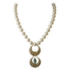 Gripoix unsigned green poured glass drop filigree necklace