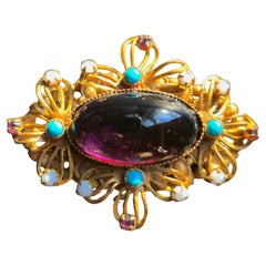 GripoixChanelGoosens RenaissanceStyleGiltBronzeOpenwork GlassCabochonGems Brooch