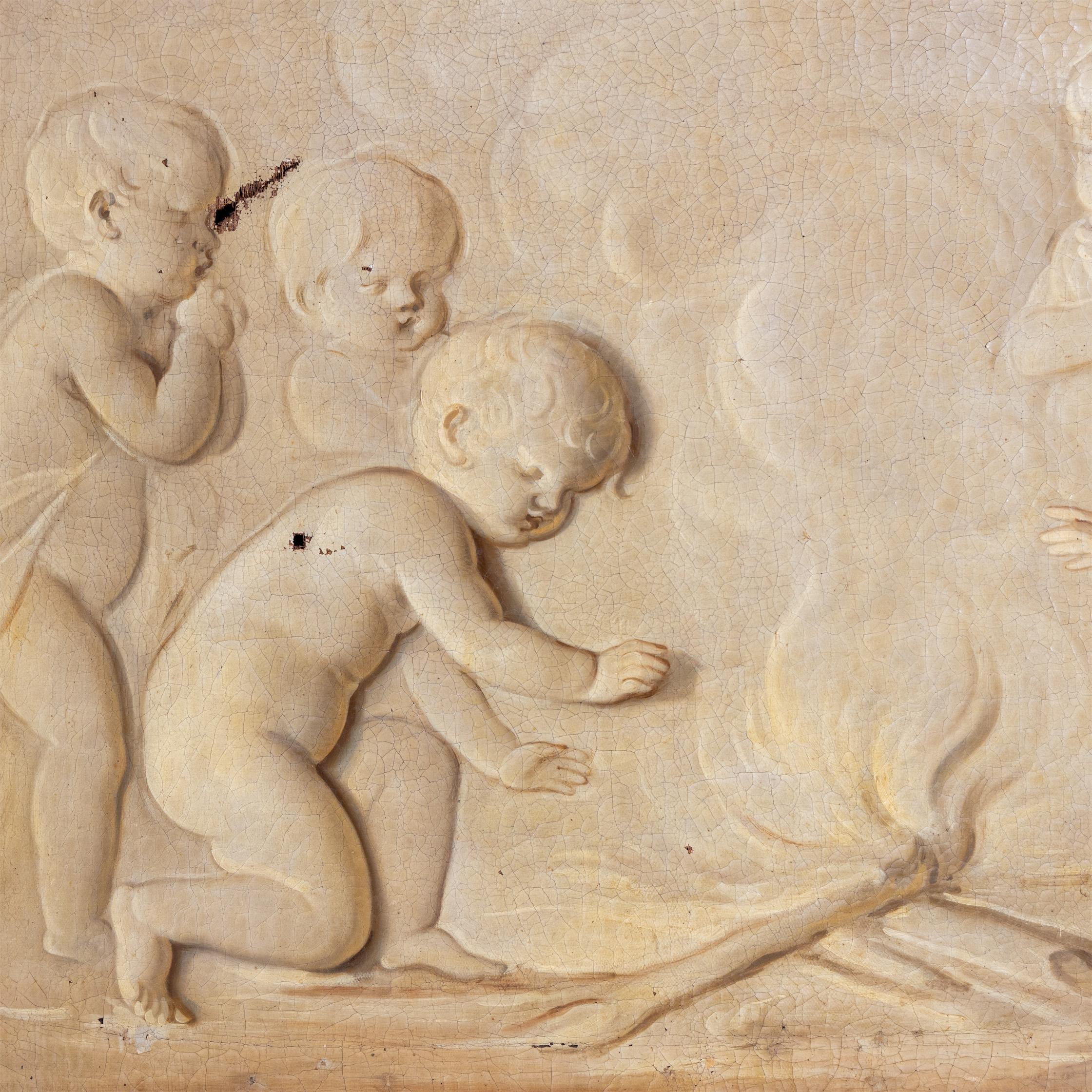 Grisaille, Putti at the Campfire, Follower of Jacob de Wit, probably Netherla In Fair Condition In Greding, DE