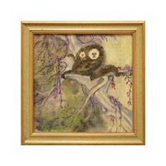 “Mother and Child” Pastel Abstract Painting of Monkeys in a Whimsical Forest