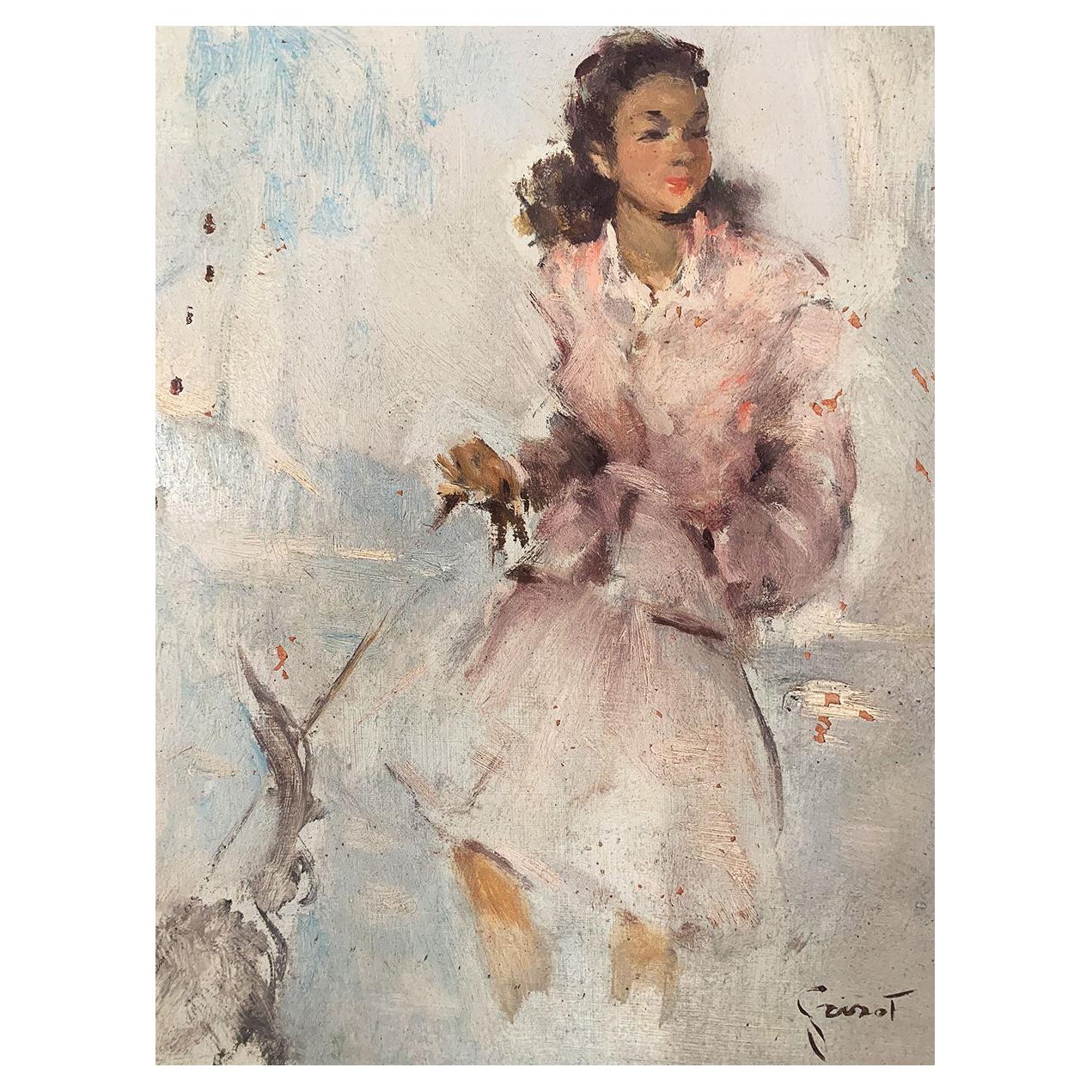 Grisot Pierre "Young elegant woman with a dog" For Sale