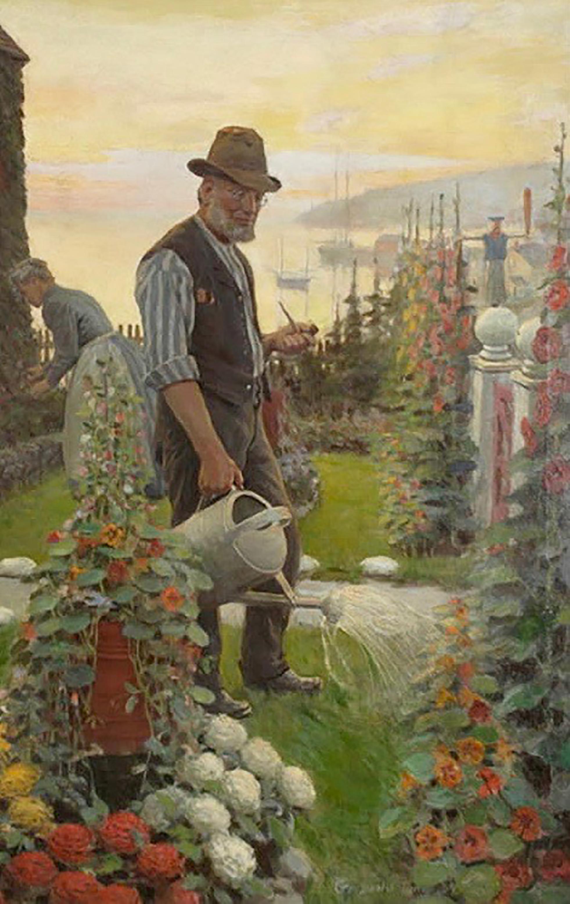 Griswold Tyng Figurative Painting - Man Watering Flowers