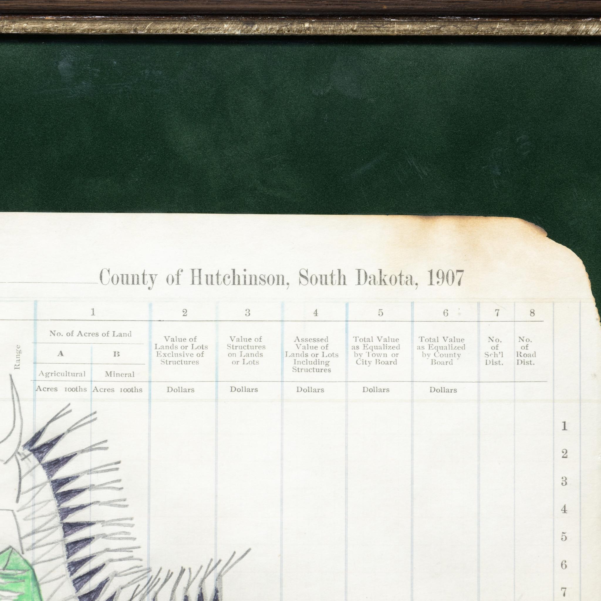 Ledger drawing on South Dakota ledger paper given. Portraying warrior on horseback with headdress and lance in green shirt and yellow leggings. Given as a gift to a South Dakota rancher from whom we acquired. Written on paper 