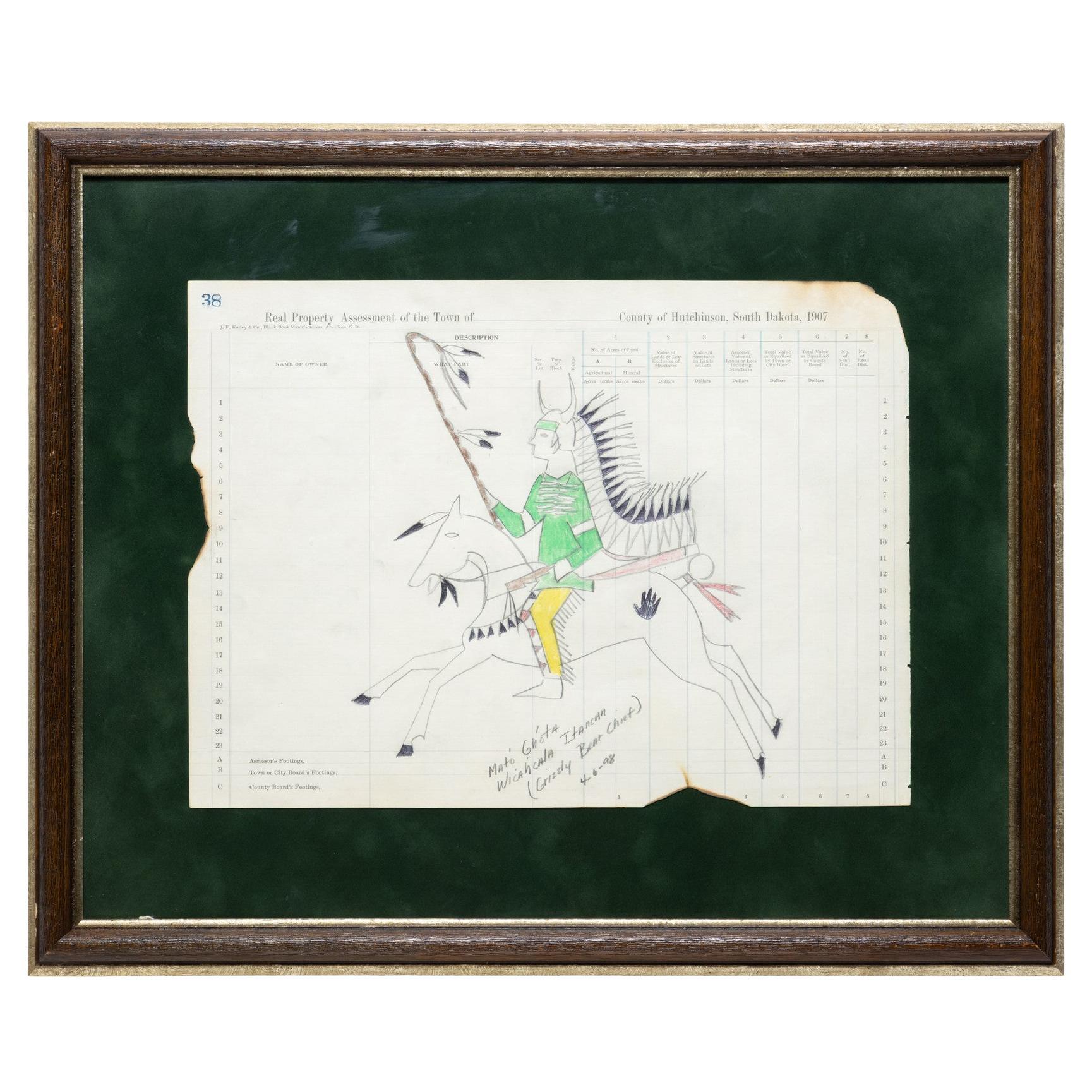 "Grizzly Bear Chief" Framed Ledger Drawing For Sale